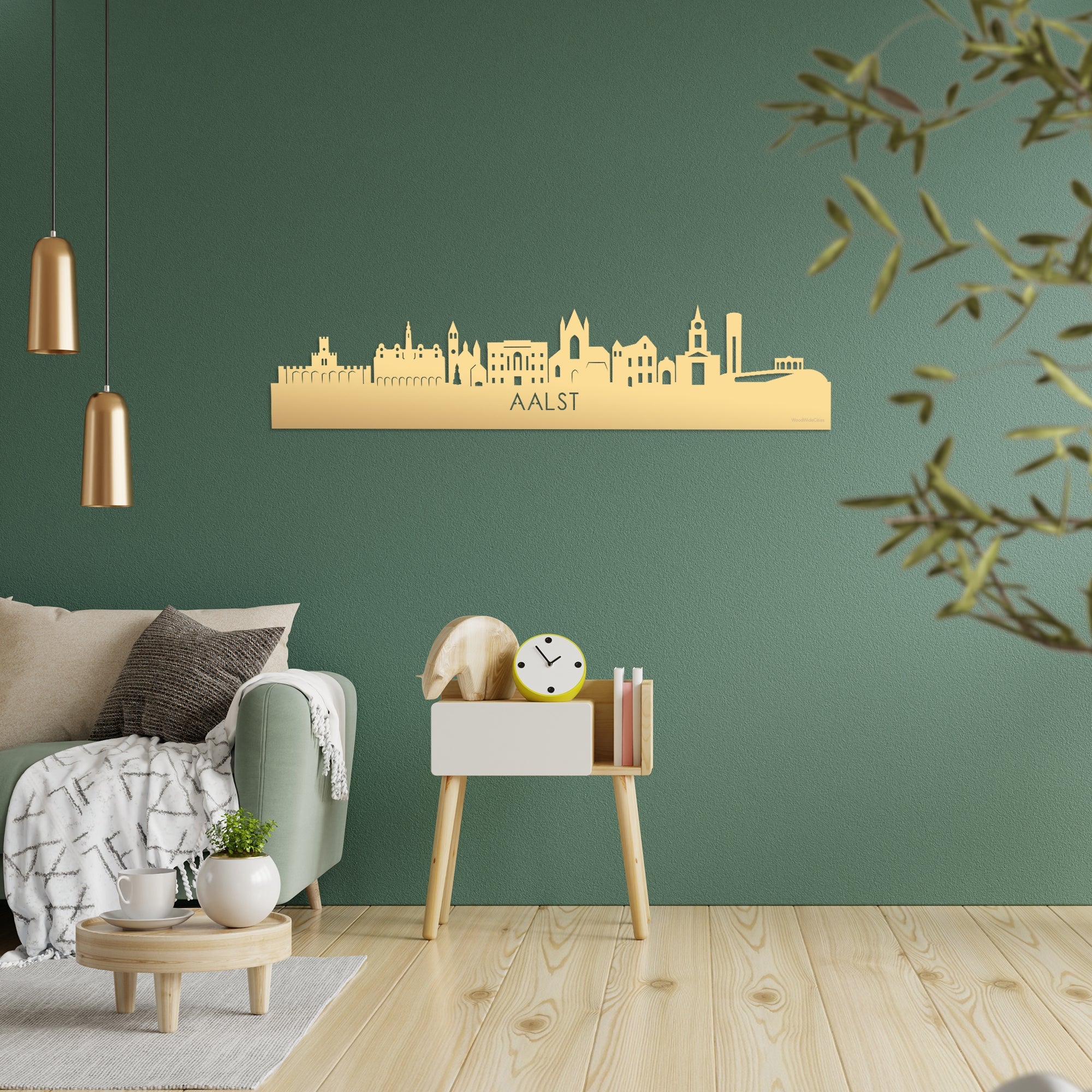 Skyline Aalst Metallic Goud gerecycled kunststof cadeau decoratie relatiegeschenk van WoodWideCities