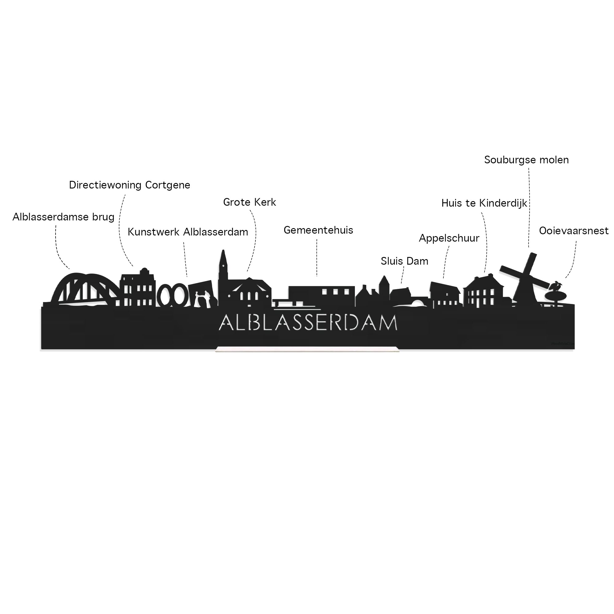 Skyline Alblasserdam Zwart houten cadeau decoratie relatiegeschenk van WoodWideCities