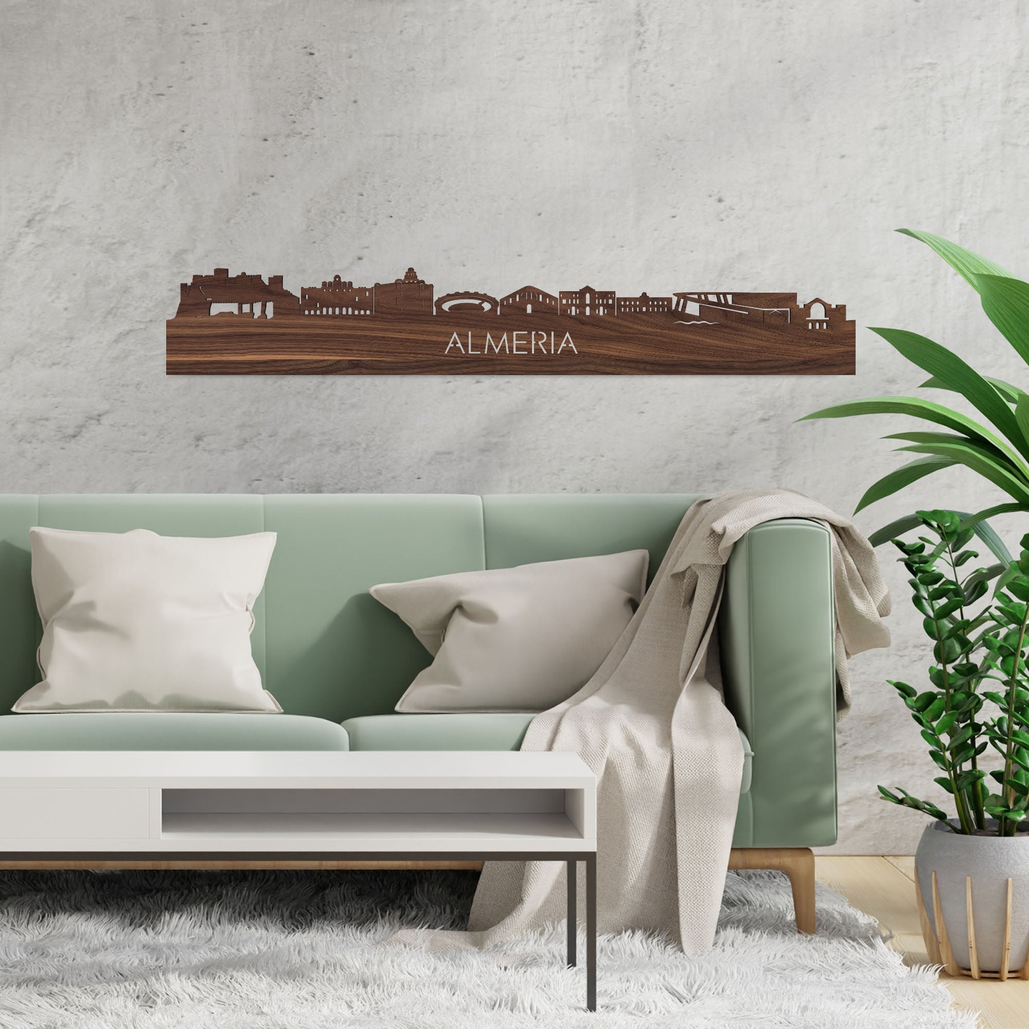 Skyline Almeria Noten houten cadeau decoratie relatiegeschenk van WoodWideCities