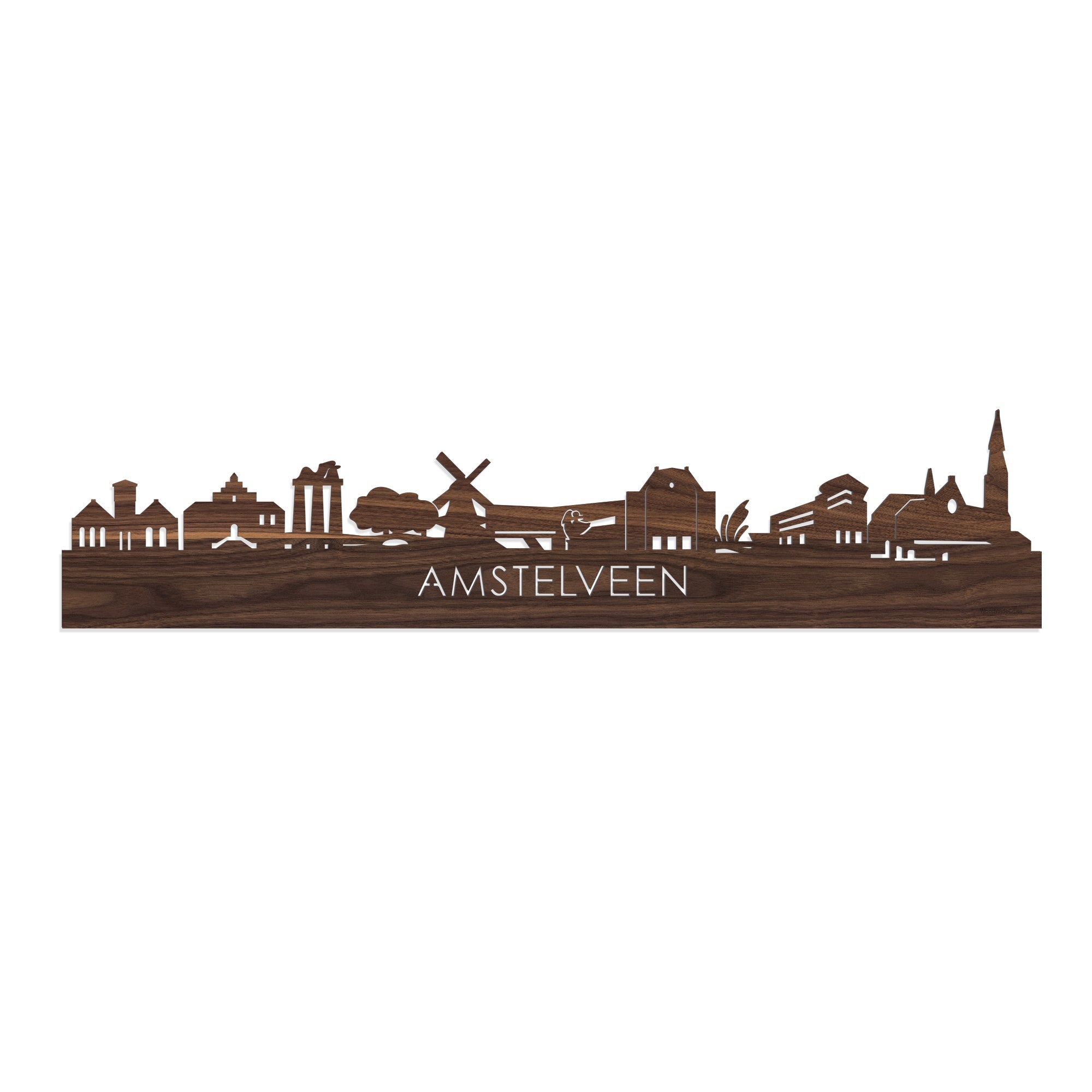 Skyline Amstelveen Noten houten cadeau decoratie relatiegeschenk van WoodWideCities