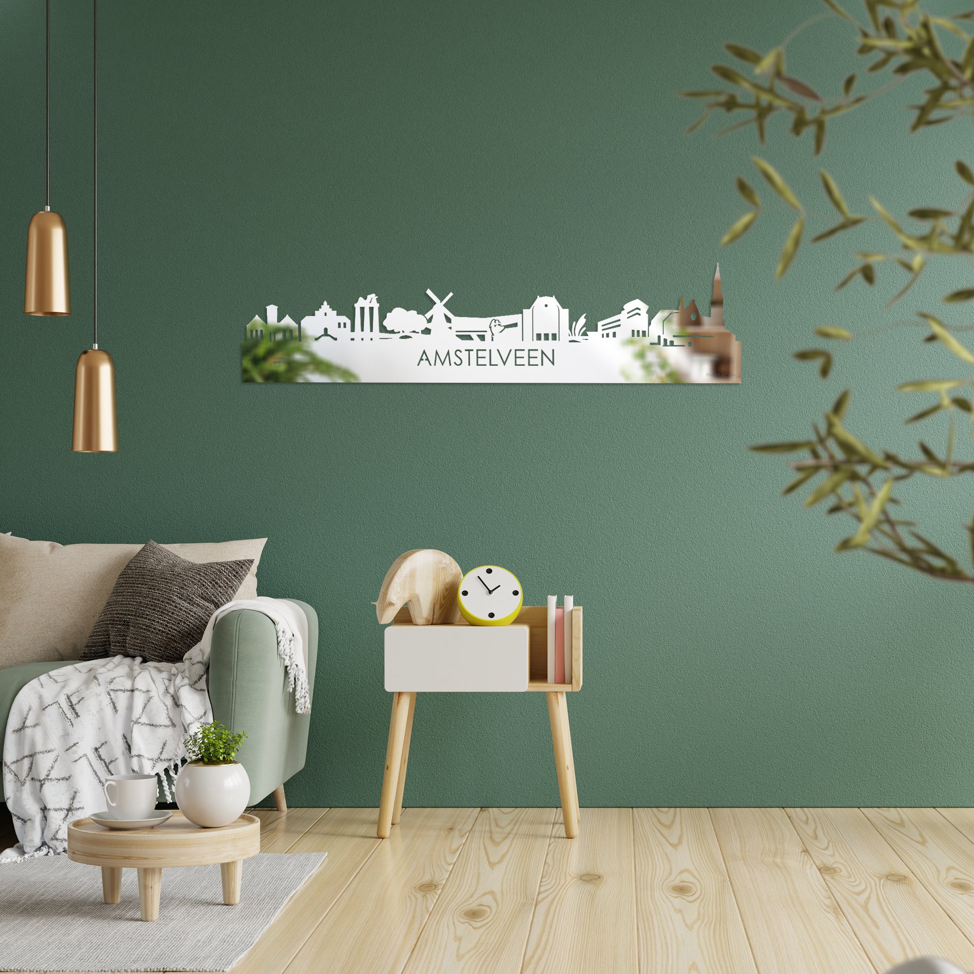 Skyline Amstelveen Spiegel gerecycled kunststof cadeau decoratie relatiegeschenk van WoodWideCities