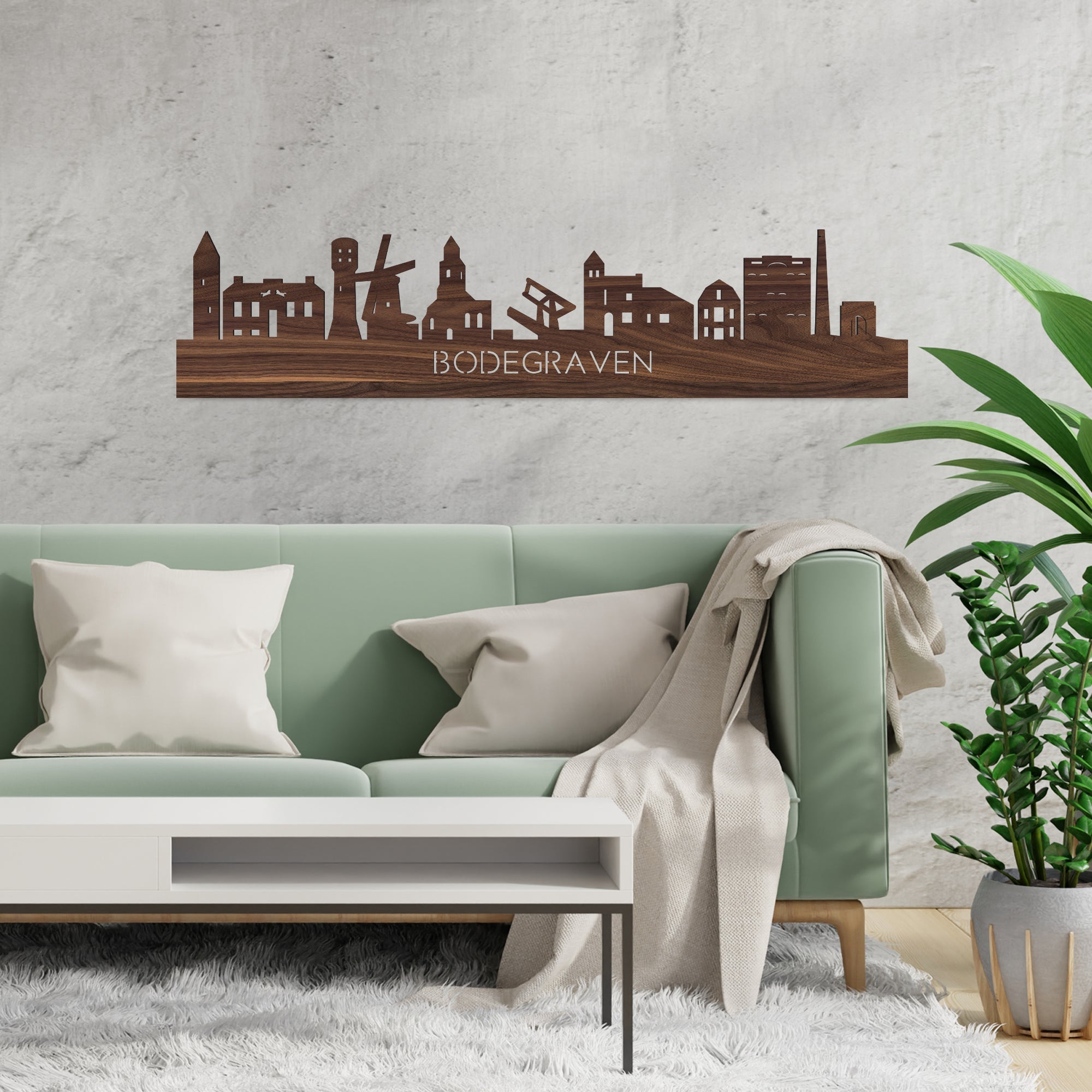 Skyline Bodegraven Noten houten cadeau decoratie relatiegeschenk van WoodWideCities