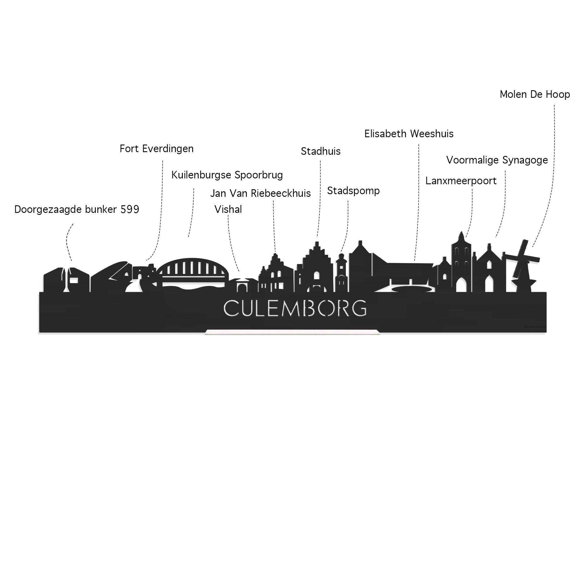 Skyline Borrelplank Culemborg houten cadeau decoratie relatiegeschenk van WoodWideCities