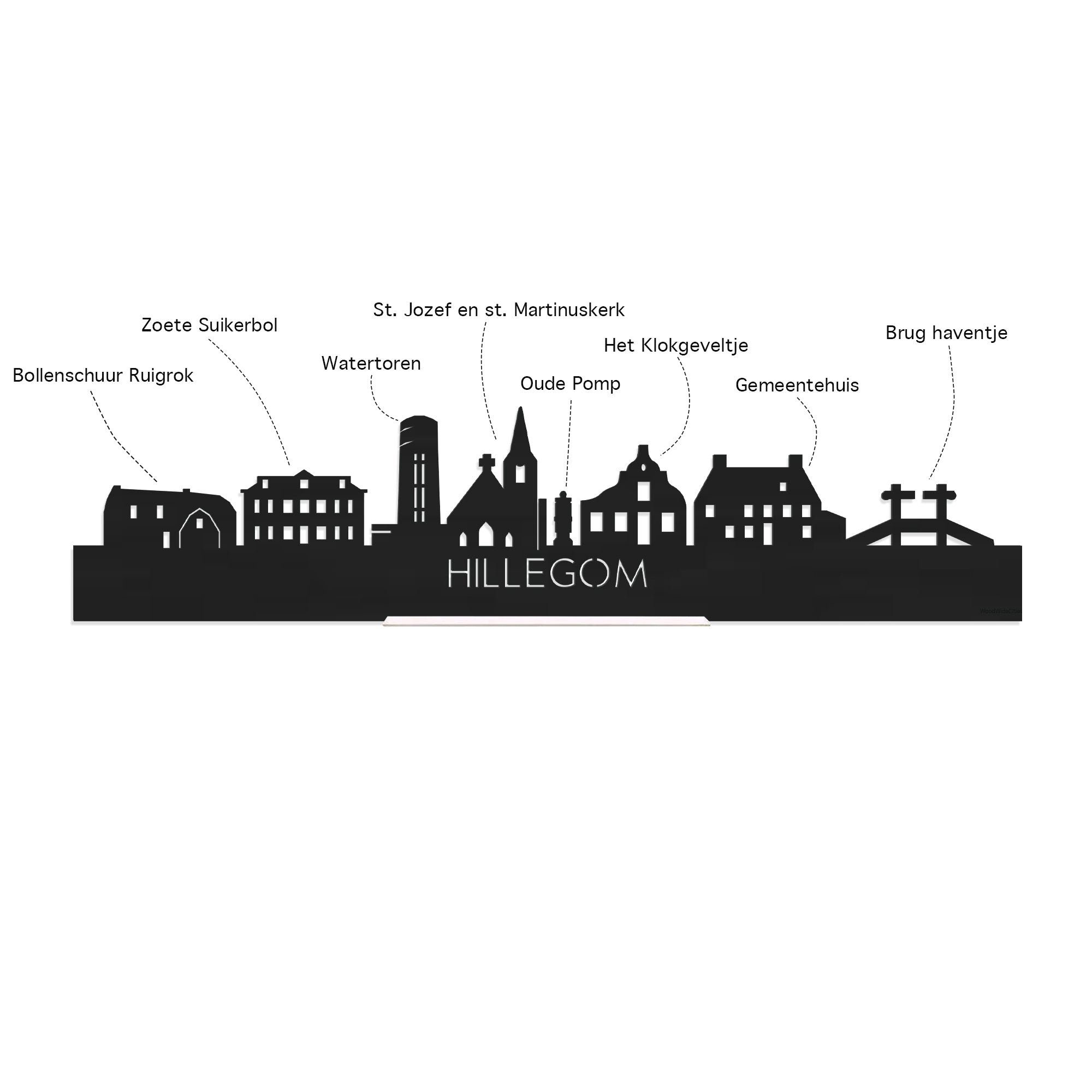 Skyline Borrelplank Hillegom houten cadeau decoratie relatiegeschenk van WoodWideCities