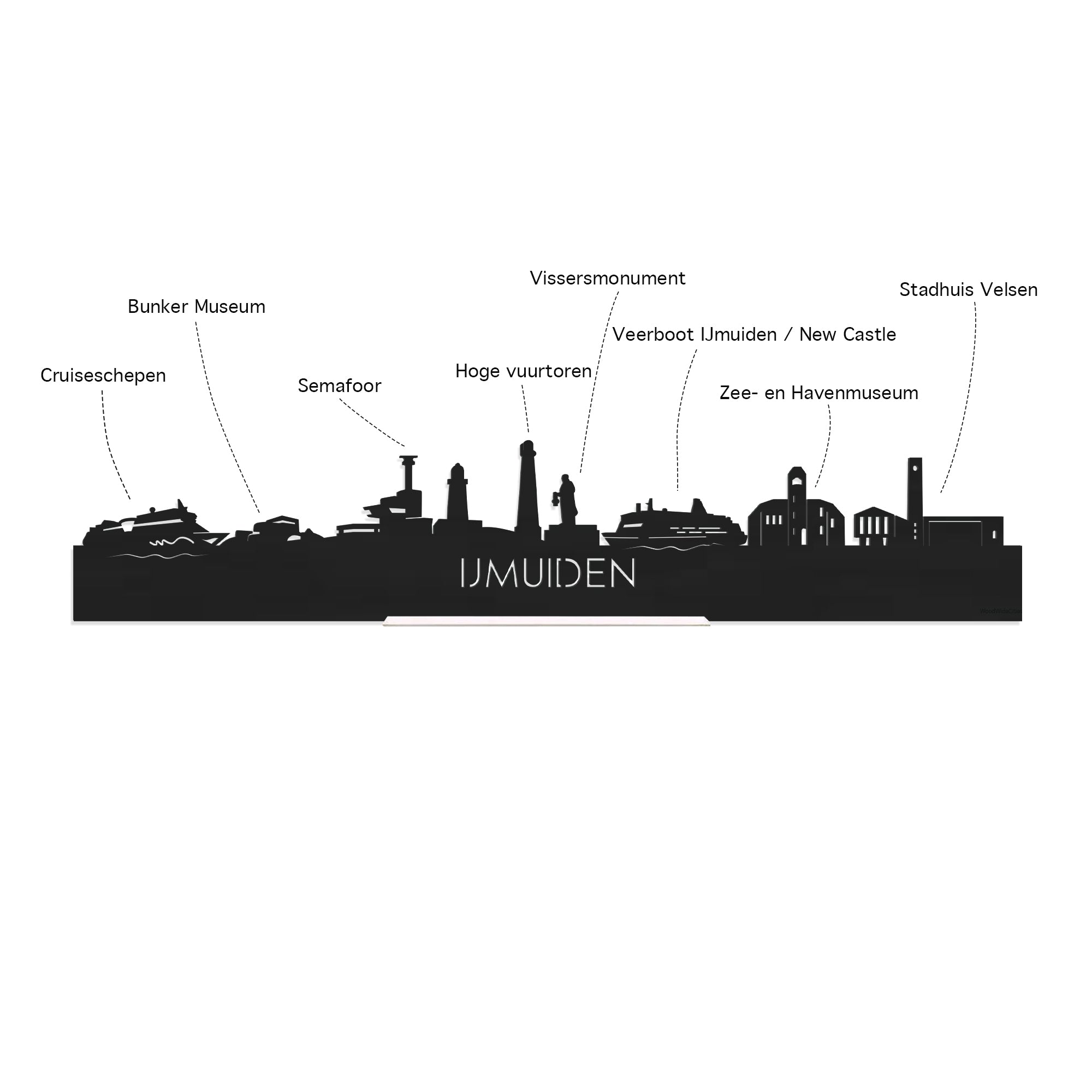 Skyline Borrelplank IJmuiden houten cadeau decoratie relatiegeschenk van WoodWideCities