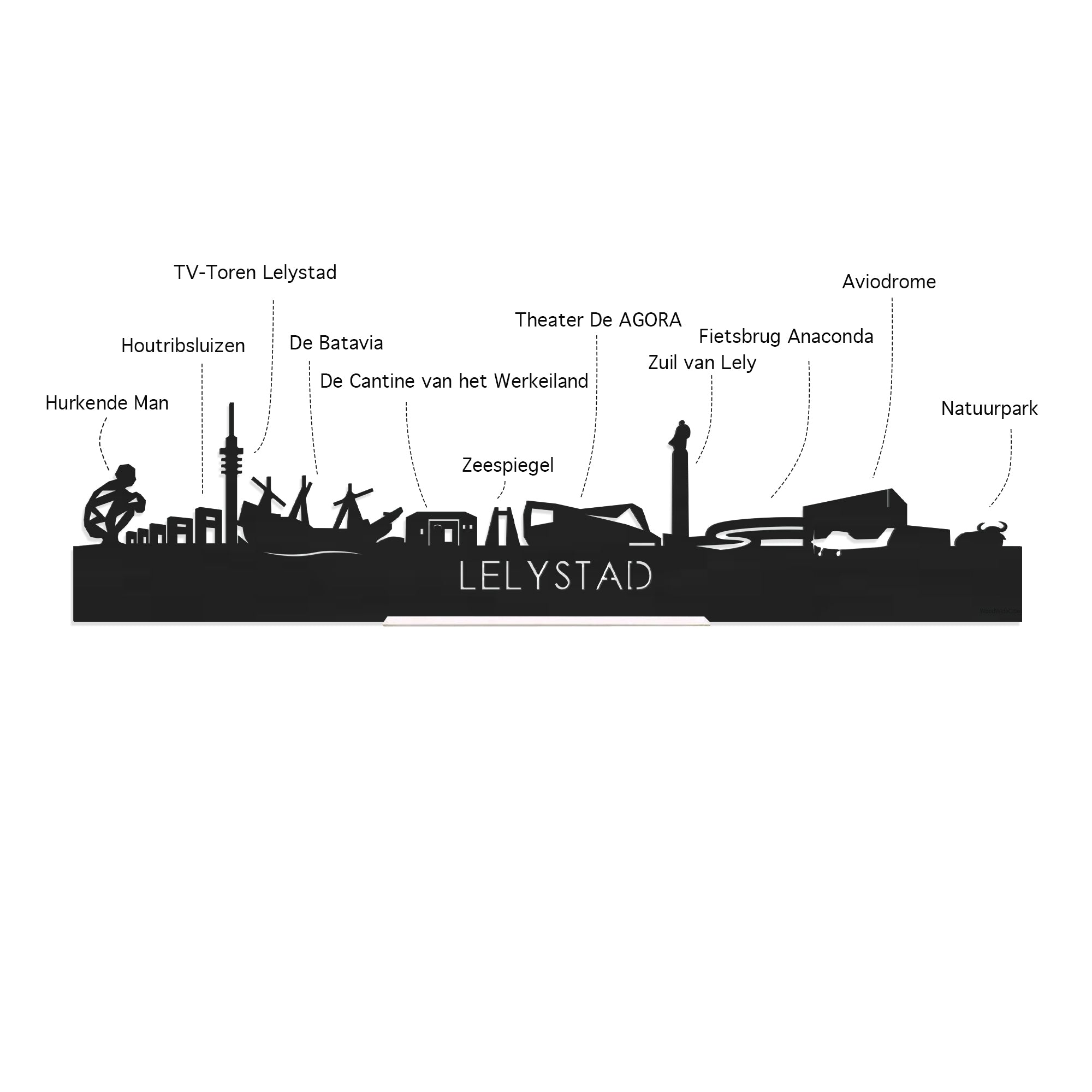 Skyline Borrelplank Lelystad houten cadeau decoratie relatiegeschenk van WoodWideCities