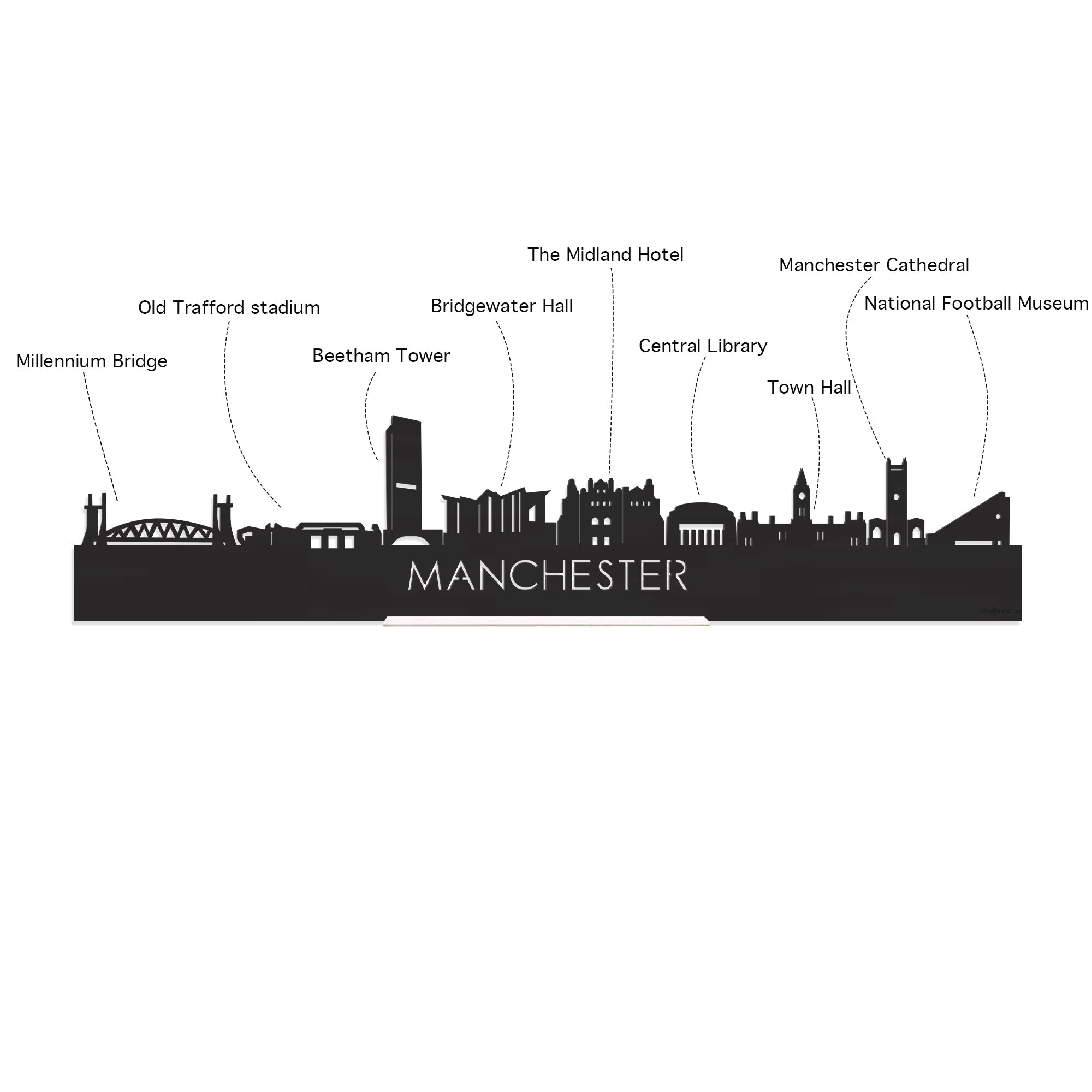 Skyline Borrelplank Manchester houten cadeau decoratie relatiegeschenk van WoodWideCities