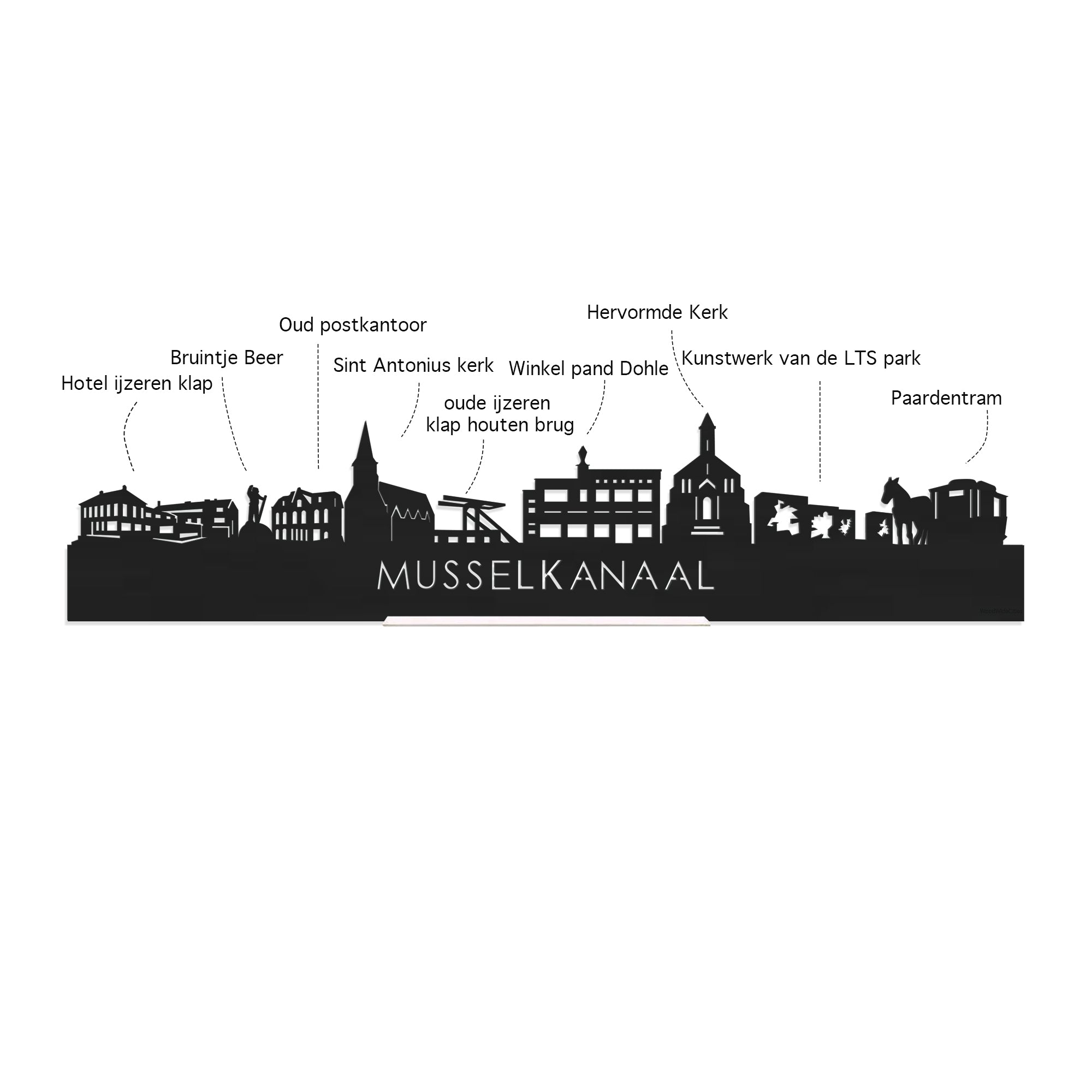 Skyline Borrelplank Musselkanaal houten cadeau decoratie relatiegeschenk van WoodWideCities