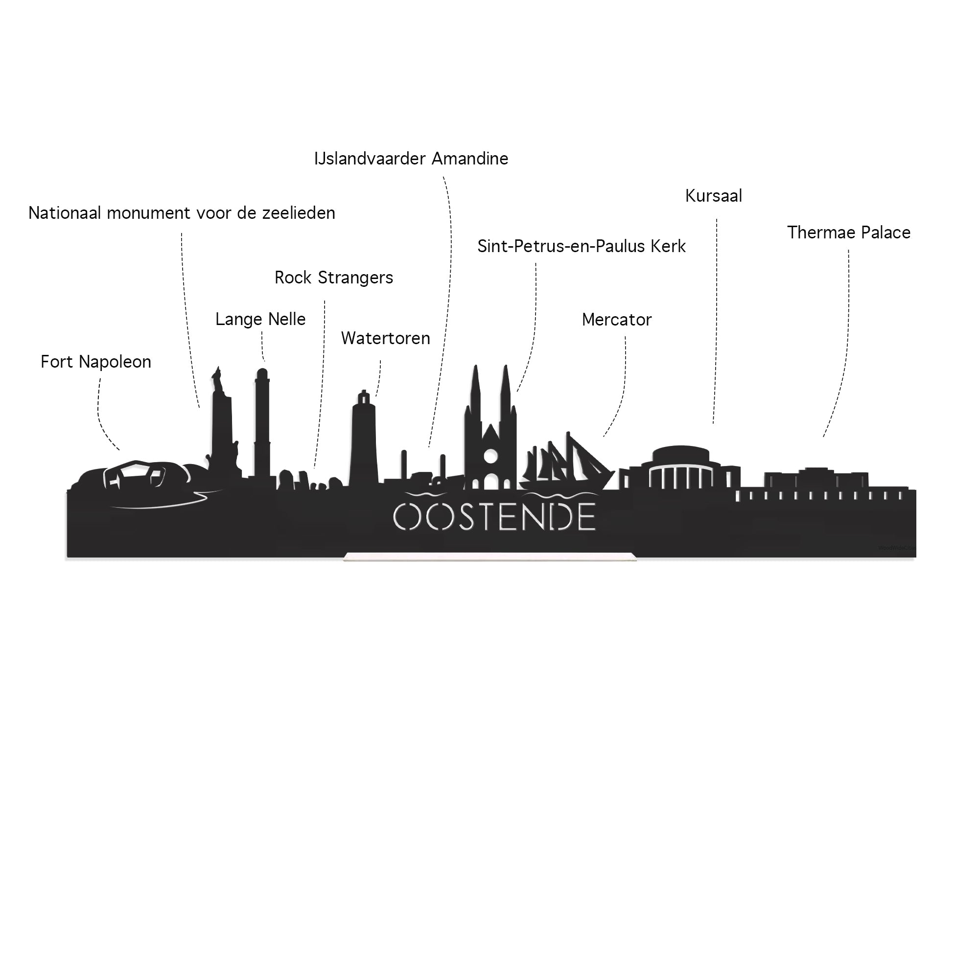 Skyline Borrelplank Oostende houten cadeau decoratie relatiegeschenk van WoodWideCities