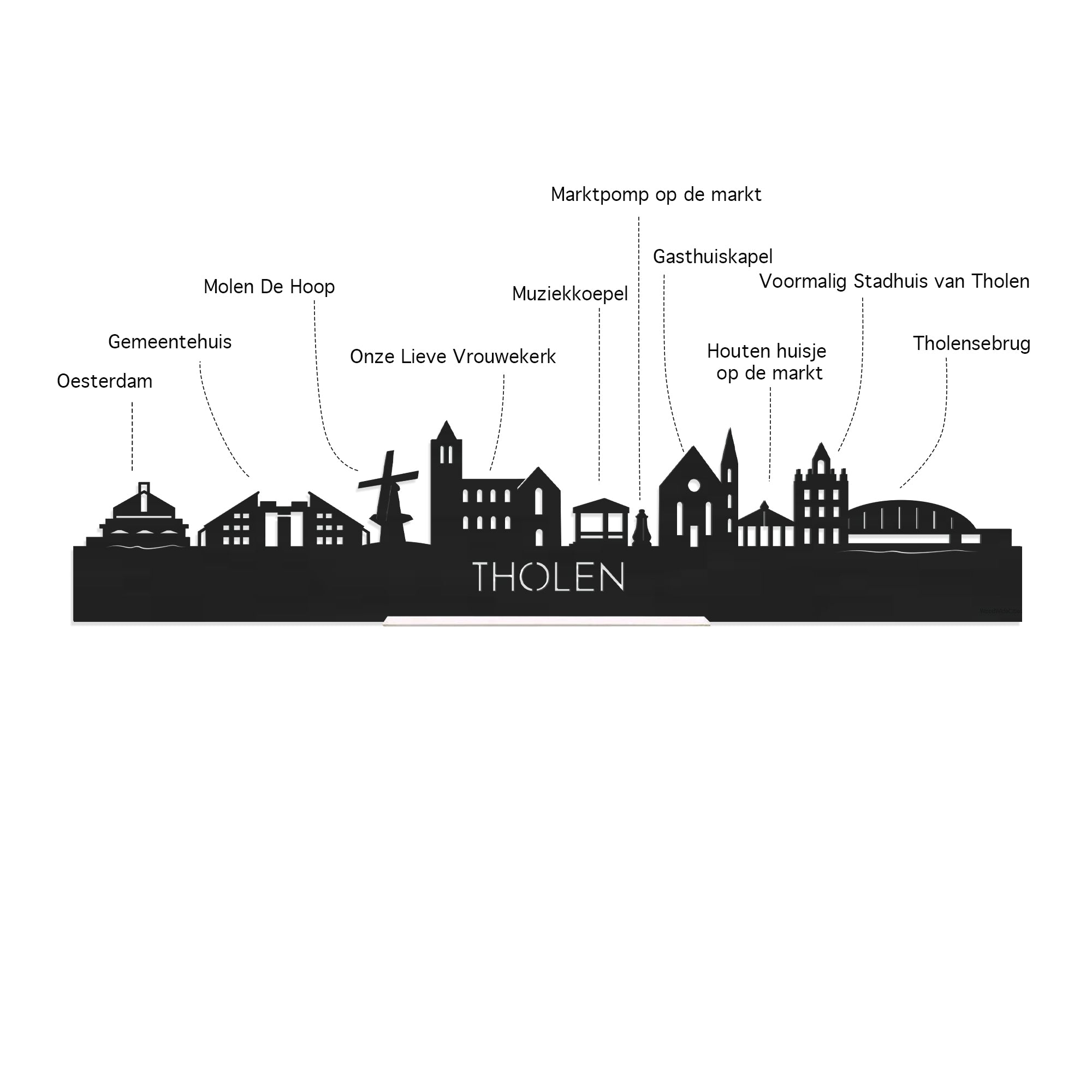 Skyline Borrelplank Tholen houten cadeau decoratie relatiegeschenk van WoodWideCities