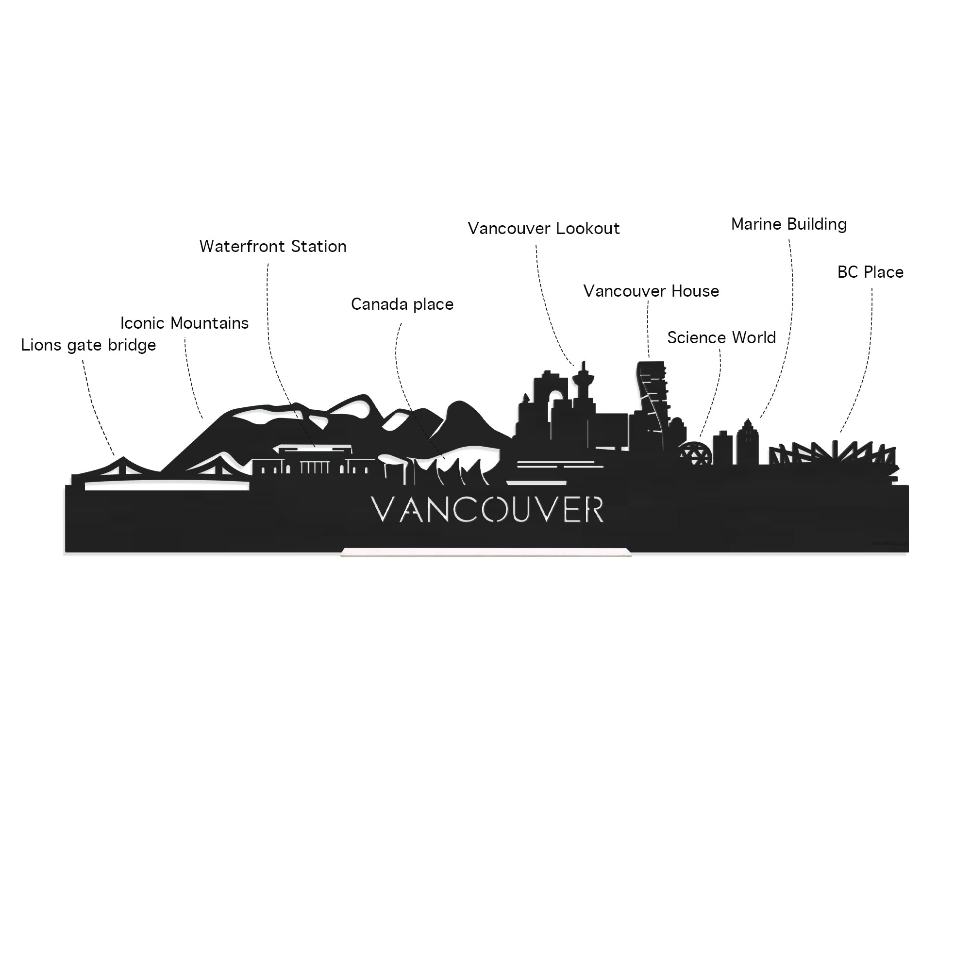 Skyline Borrelplank Vancouver houten cadeau decoratie relatiegeschenk van WoodWideCities