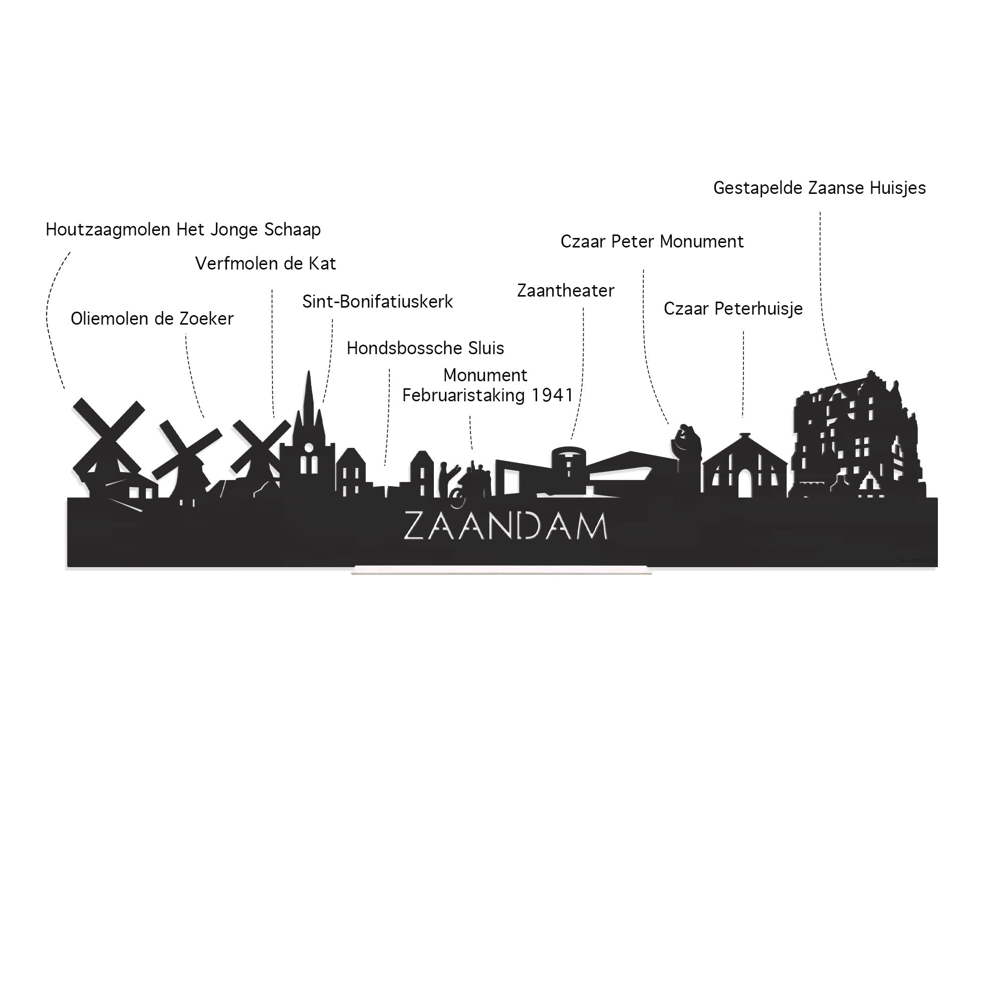 Skyline Borrelplank Zaandam houten cadeau decoratie relatiegeschenk van WoodWideCities