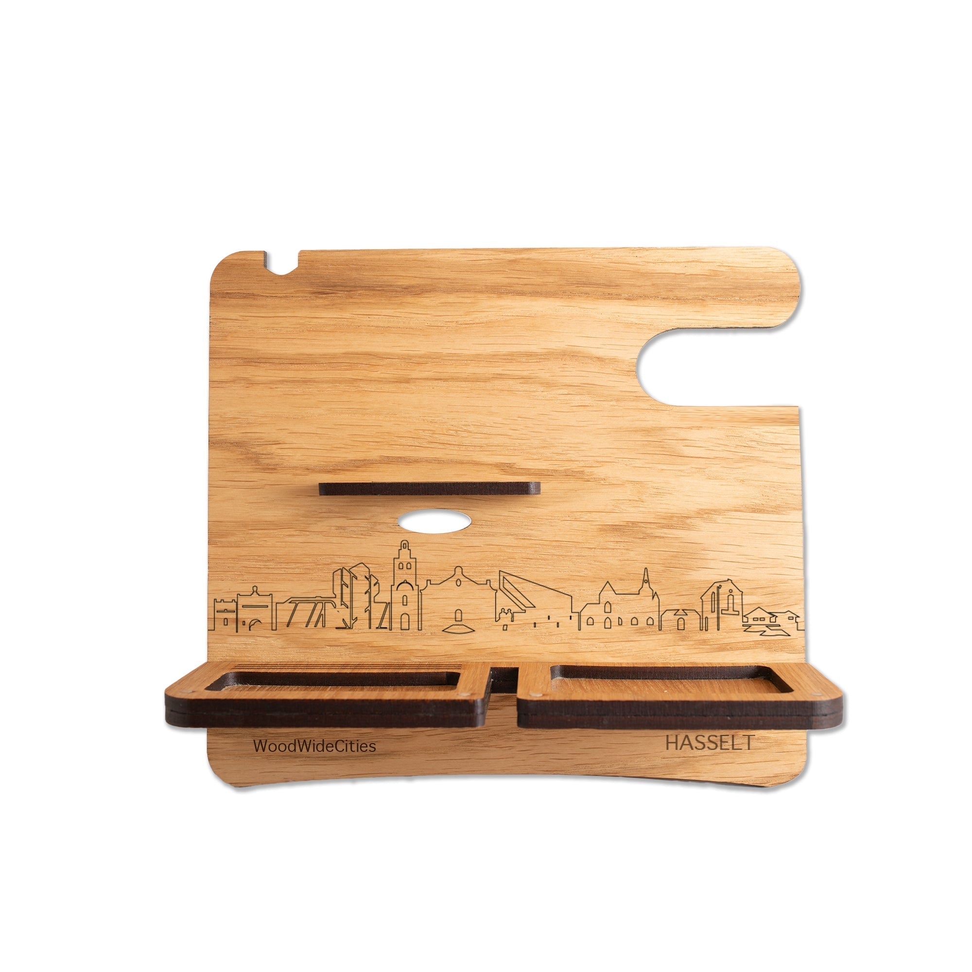 Skyline Desk Organizer Hasselt houten cadeau decoratie relatiegeschenk van WoodWideCities