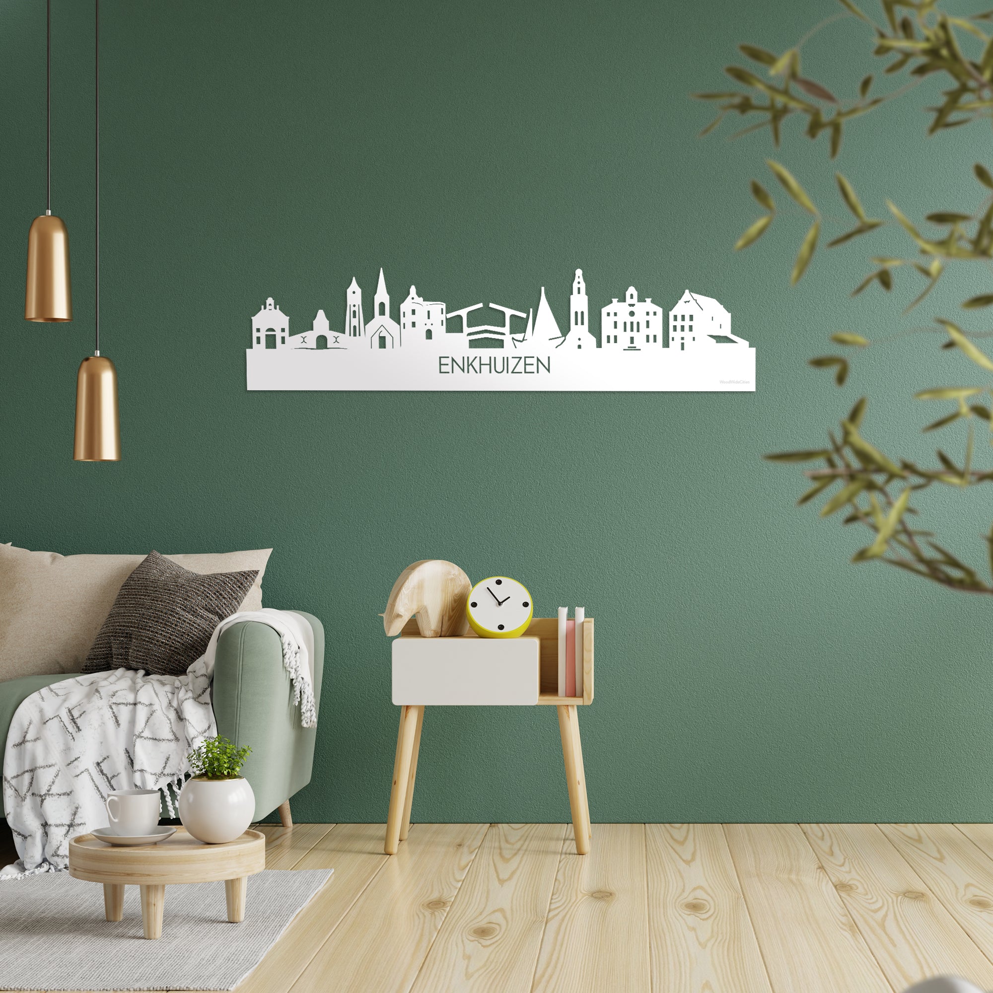 Skyline Enkhuizen Wit glanzend gerecycled kunststof cadeau decoratie relatiegeschenk van WoodWideCities