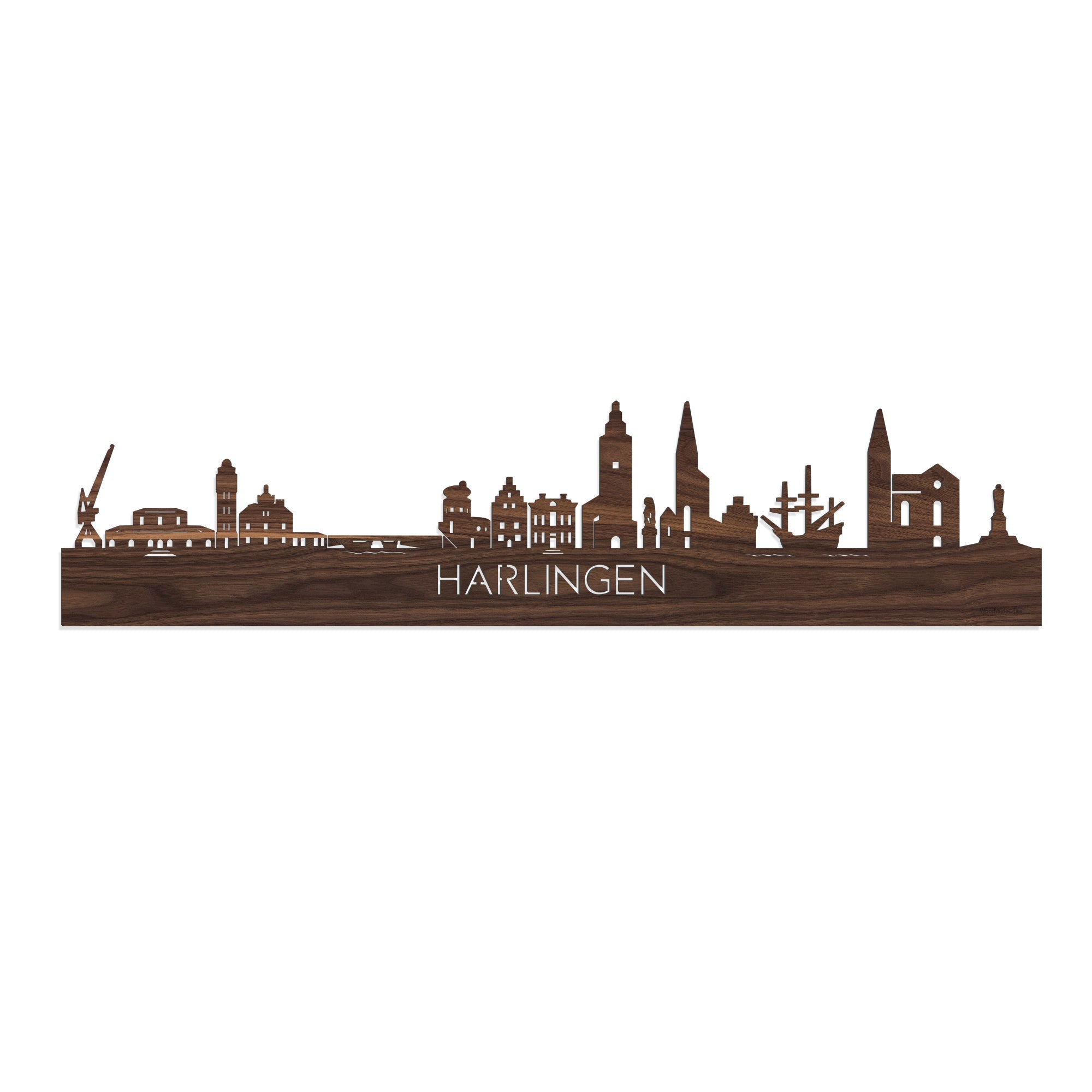 Skyline Harlingen Noten houten cadeau decoratie relatiegeschenk van WoodWideCities