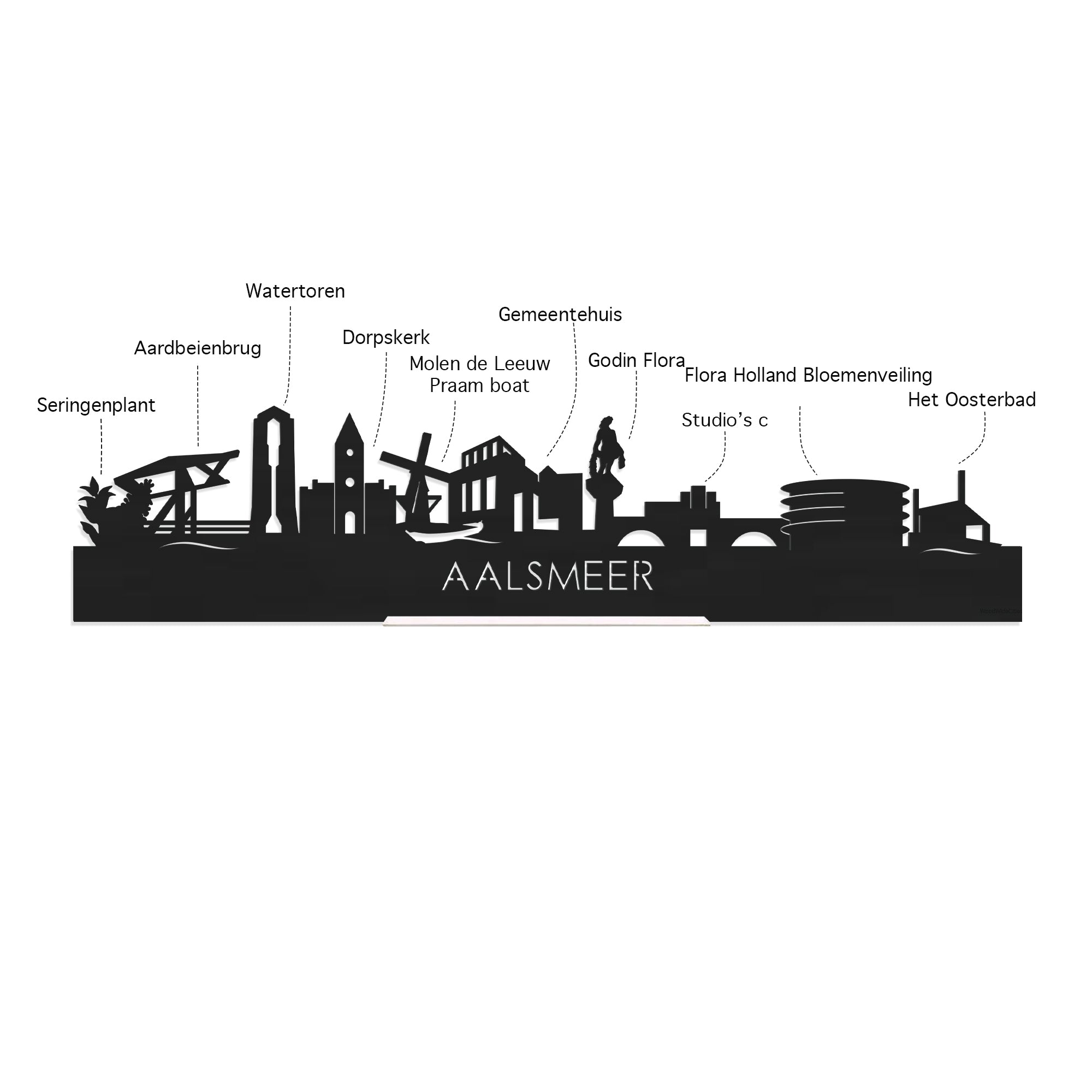 Skyline Klok Aalsmeer Wit glanzend gerecycled kunststof cadeau wanddecoratie relatiegeschenk van WoodWideCities