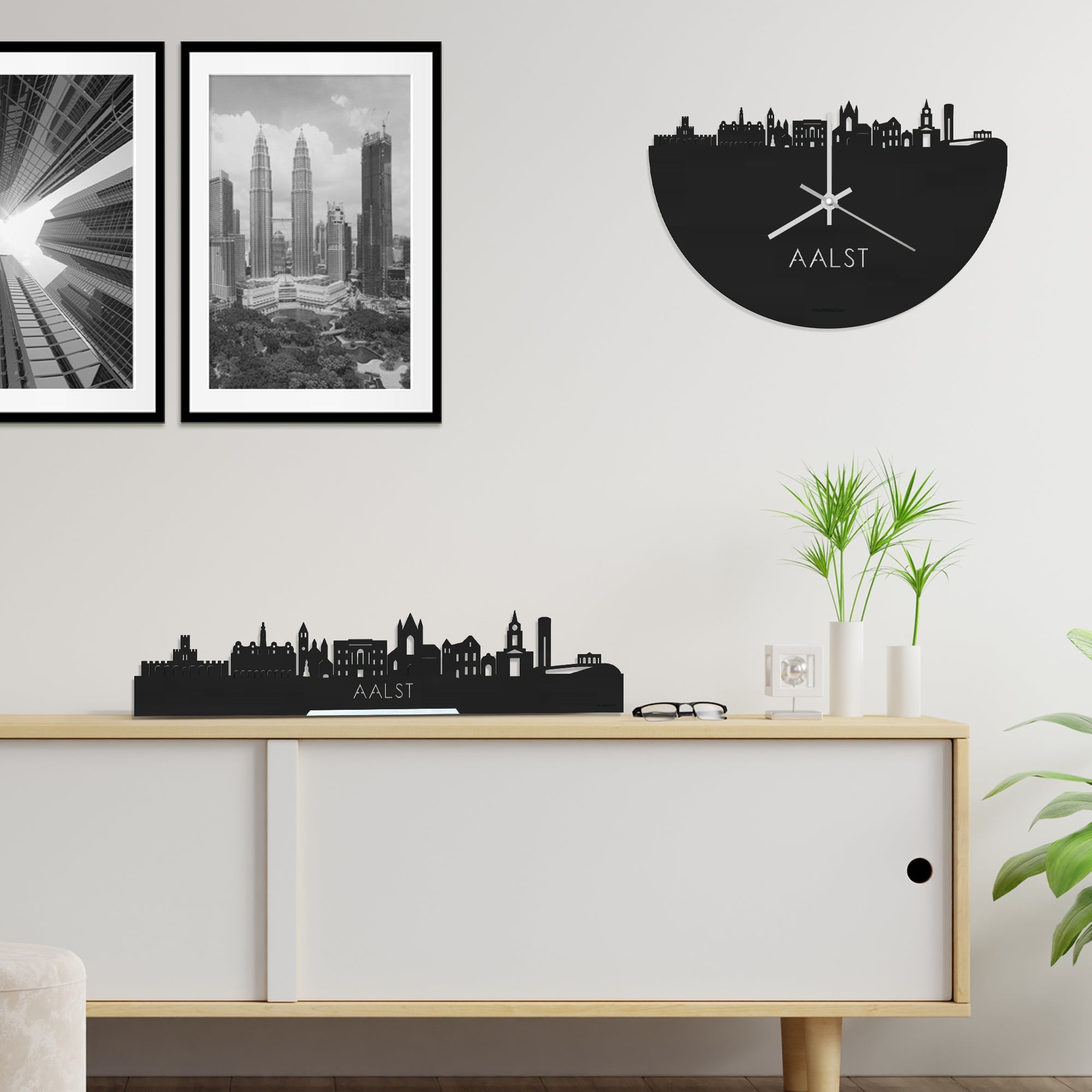 Skyline Klok Aalst Black Zwart houten cadeau wanddecoratie relatiegeschenk van WoodWideCities