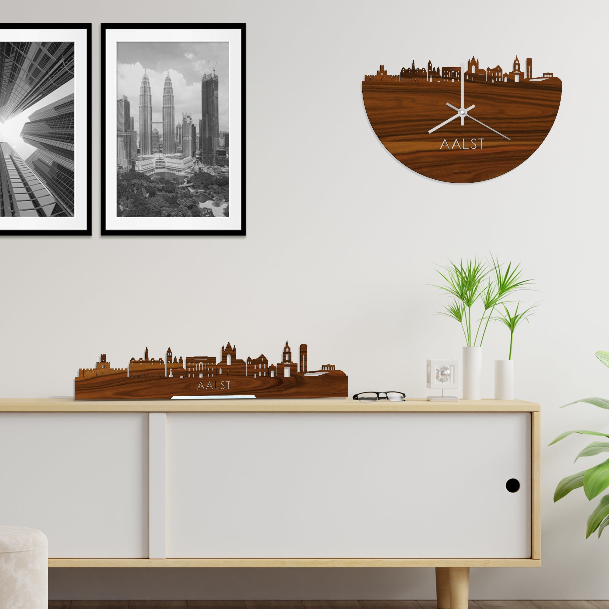 Skyline Klok Aalst Palissander houten cadeau wanddecoratie relatiegeschenk van WoodWideCities