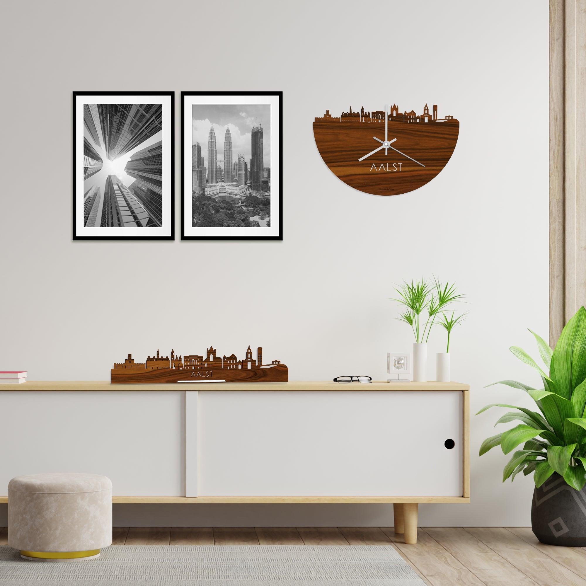 Skyline Klok Aalst Palissander houten cadeau wanddecoratie relatiegeschenk van WoodWideCities