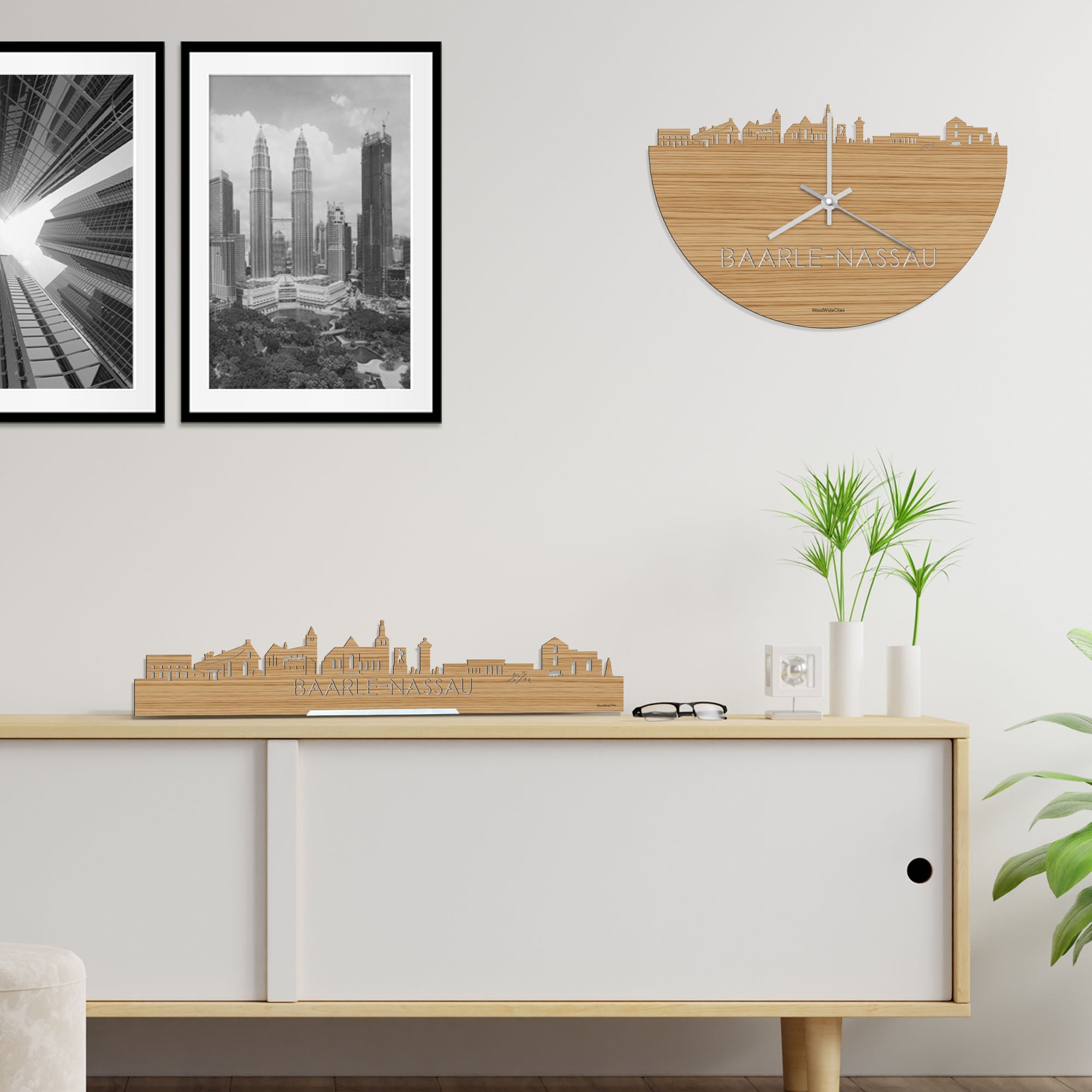 Skyline Klok Baarle-Nassau Bamboe houten cadeau decoratie relatiegeschenk van WoodWideCities