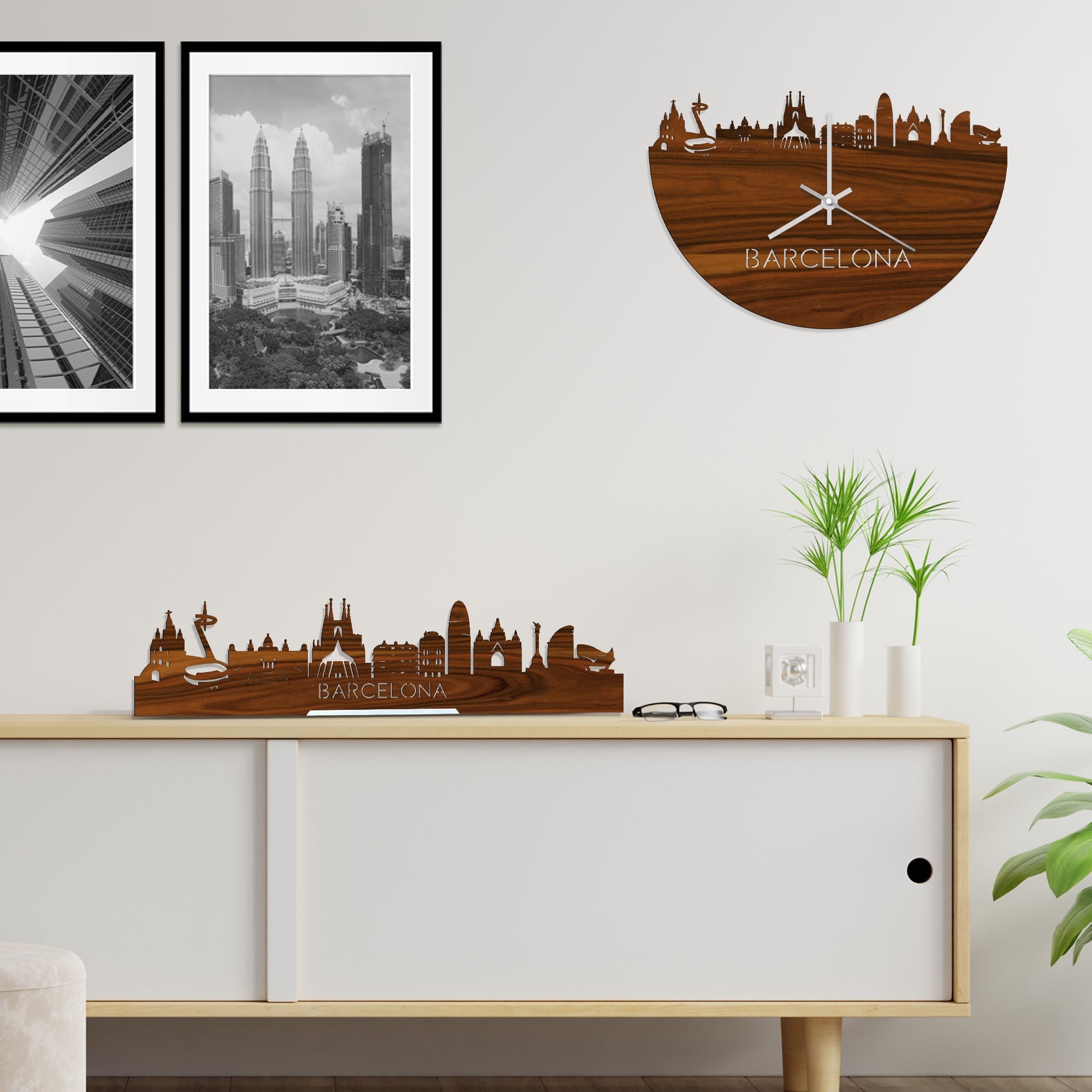 Skyline Klok Barcelona Palissander houten cadeau wanddecoratie relatiegeschenk van WoodWideCities