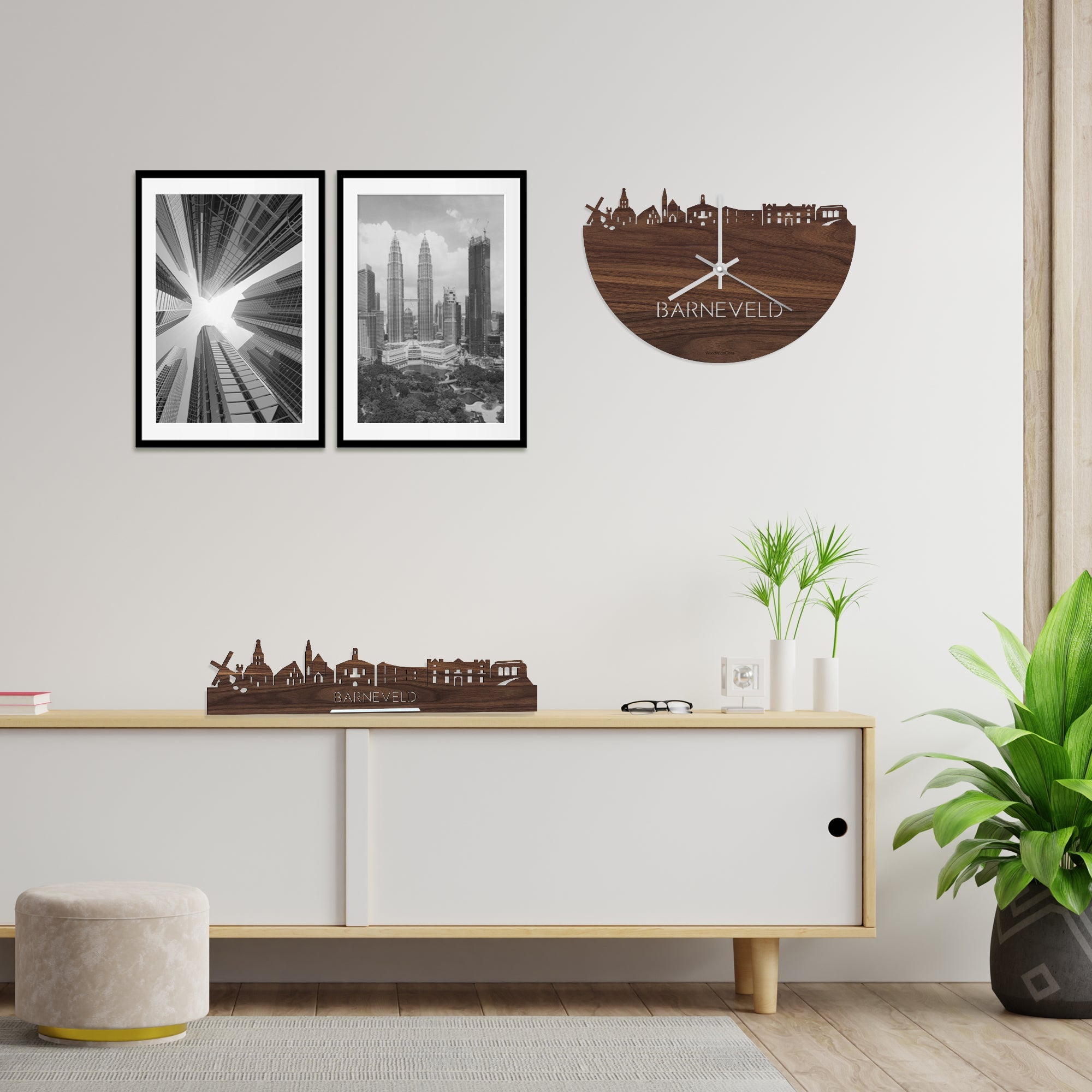 Skyline Klok Barneveld Noten houten cadeau wanddecoratie relatiegeschenk van WoodWideCities