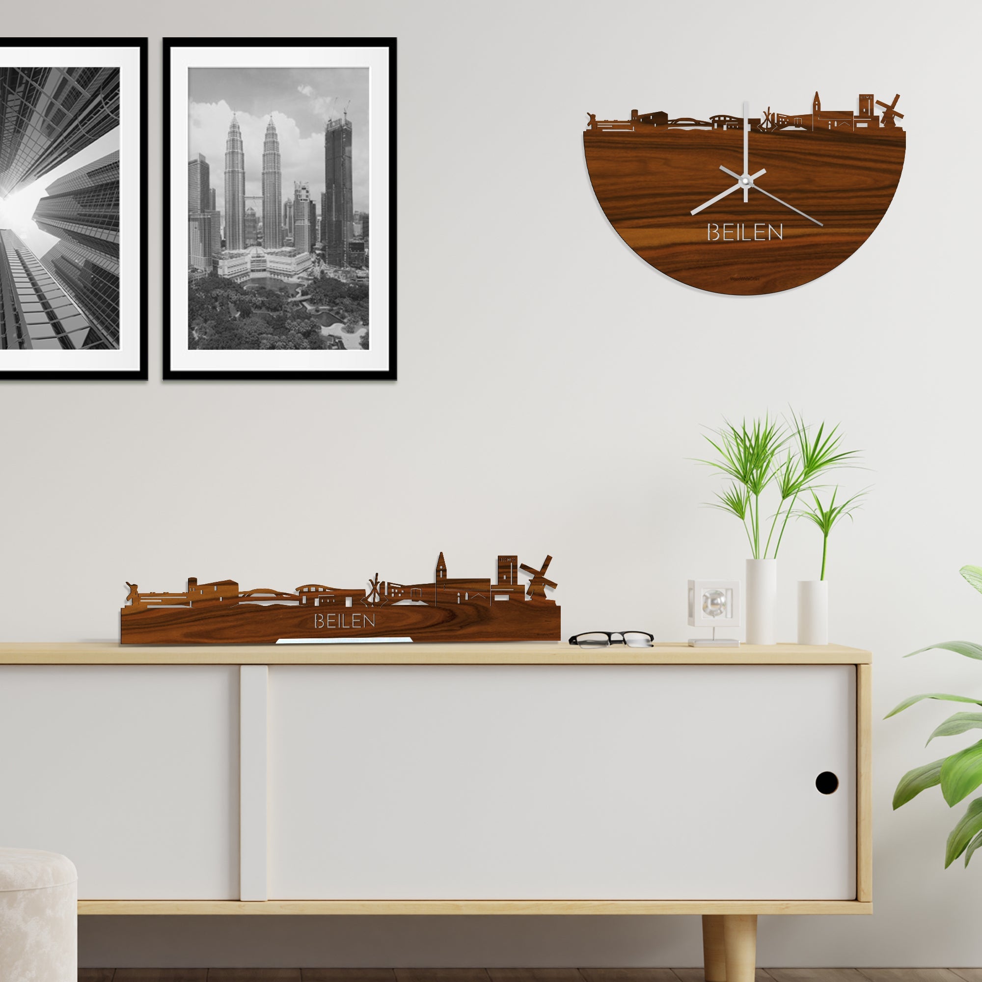 Skyline Klok Beilen Palissander houten cadeau wanddecoratie relatiegeschenk van WoodWideCities