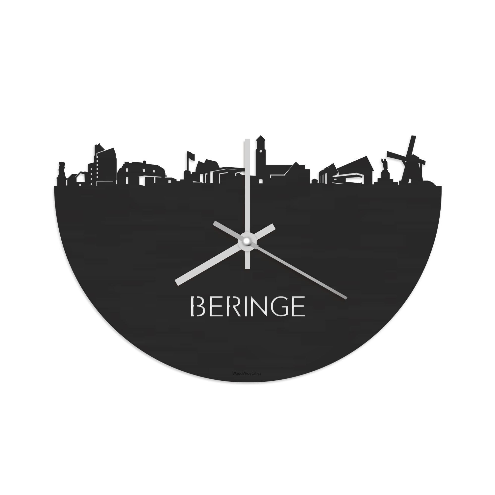 Skyline Klok Beringe Black Zwart houten cadeau decoratie relatiegeschenk van WoodWideCities