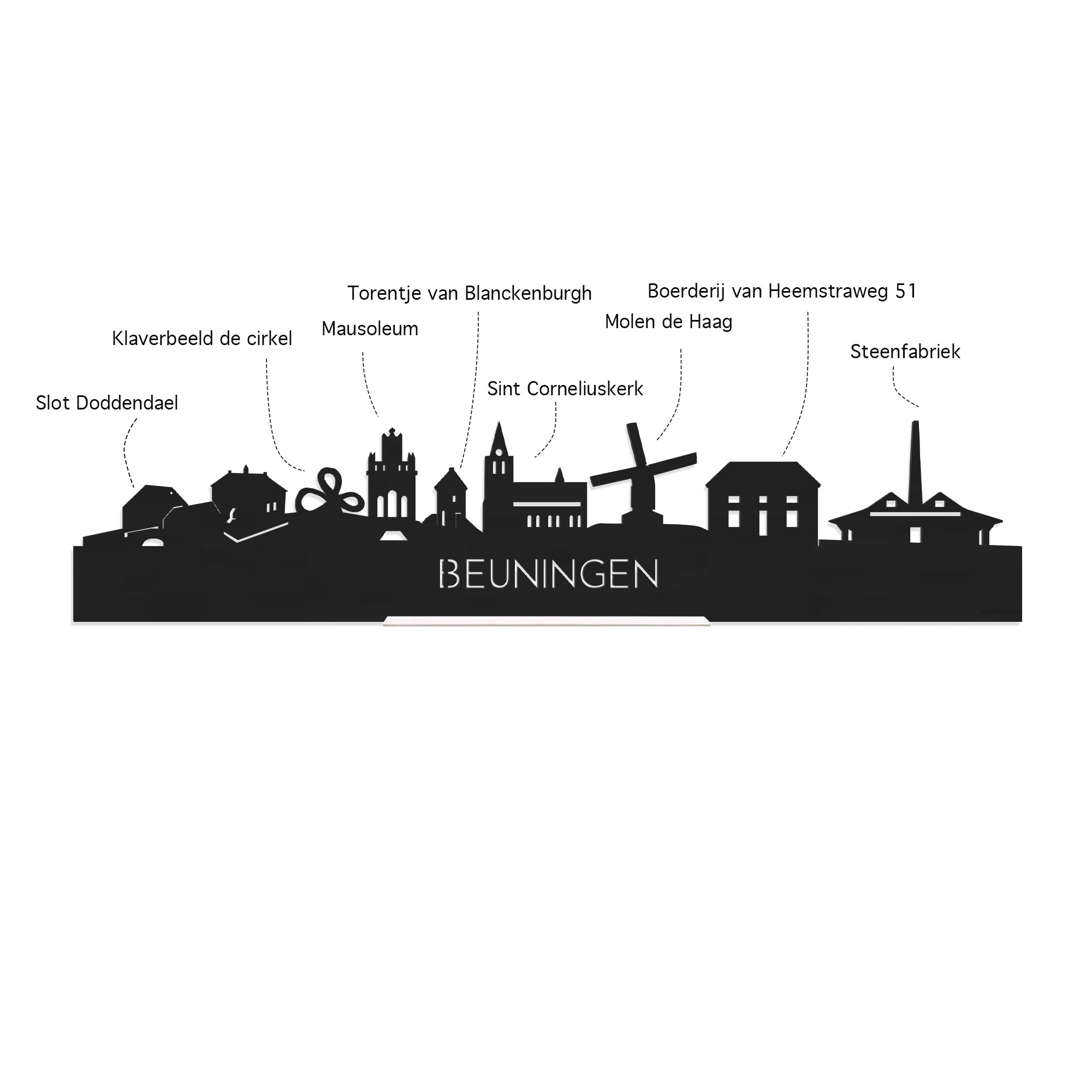 Skyline Klok Beuningen Noten houten cadeau wanddecoratie relatiegeschenk van WoodWideCities