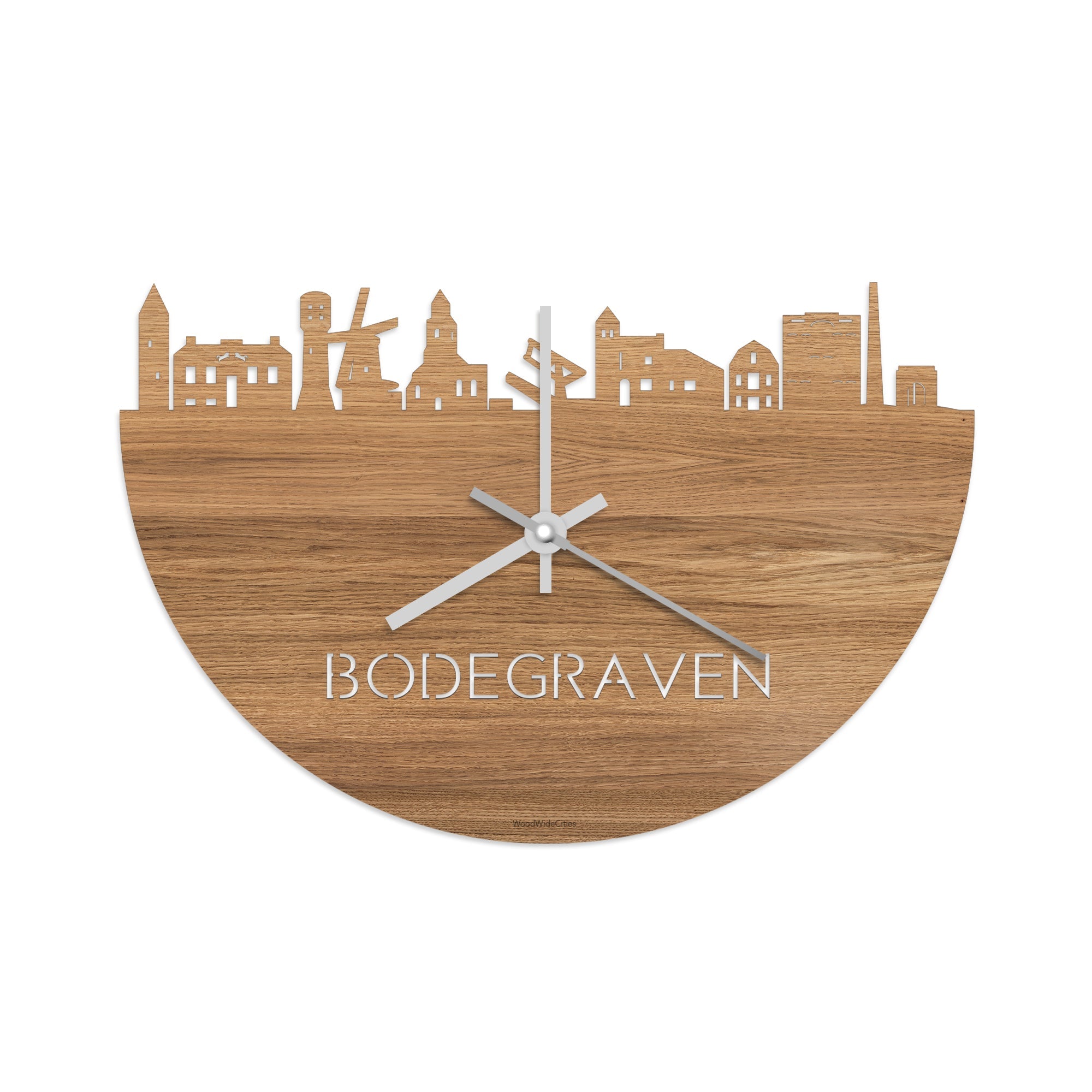 Skyline Klok Bodegraven Eiken houten cadeau wanddecoratie relatiegeschenk van WoodWideCities