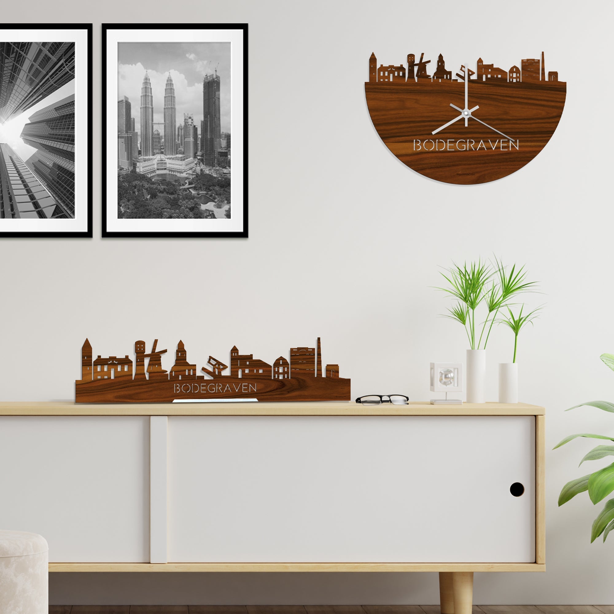 Skyline Klok Bodegraven Palissander houten cadeau wanddecoratie relatiegeschenk van WoodWideCities