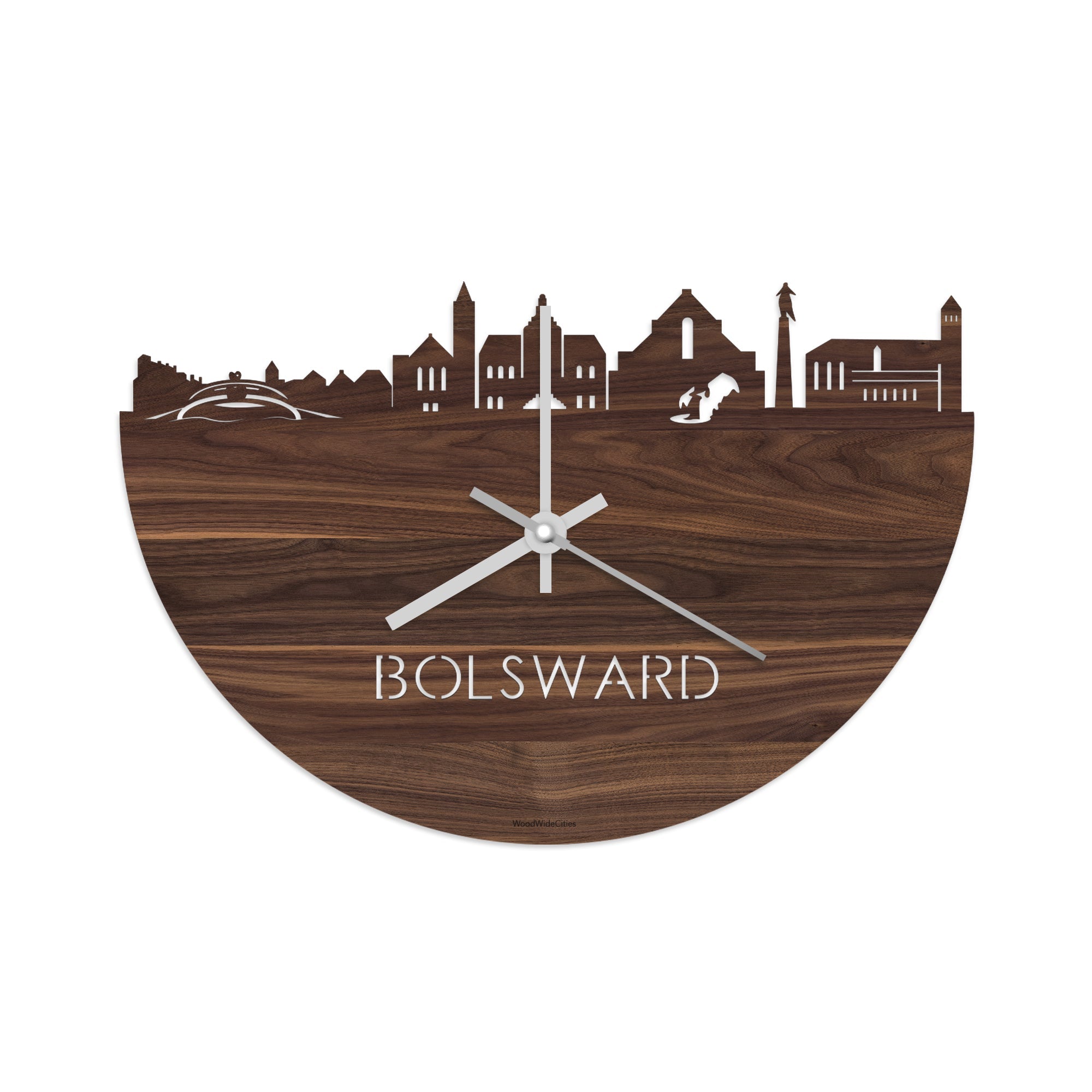 Skyline Klok Bolsward Noten houten cadeau decoratie relatiegeschenk van WoodWideCities