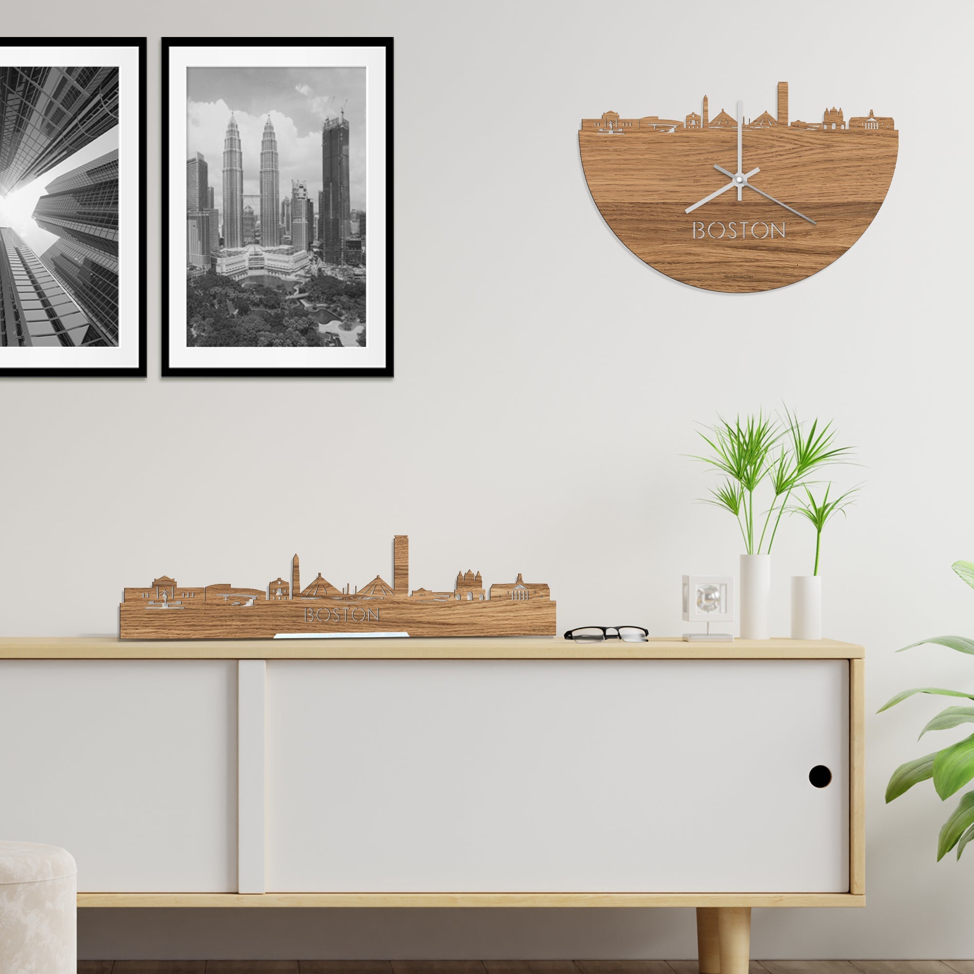 Skyline Klok Boston Eiken houten cadeau decoratie relatiegeschenk van WoodWideCities