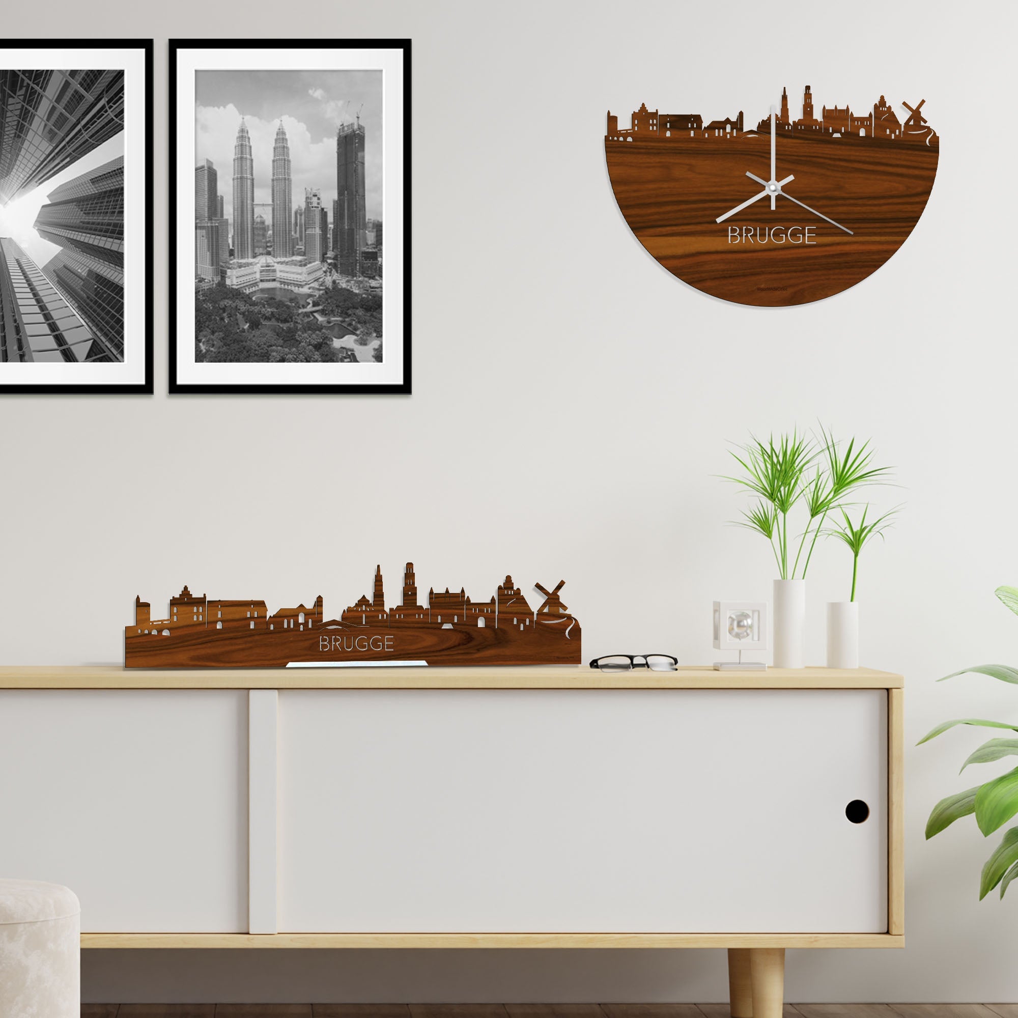 Skyline Klok Brugge Palissander houten cadeau wanddecoratie relatiegeschenk van WoodWideCities