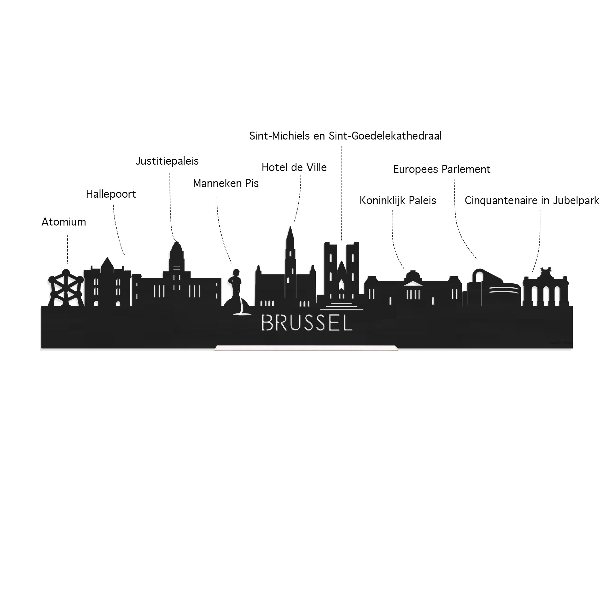 Skyline Klok Brussel Noten houten cadeau wanddecoratie relatiegeschenk van WoodWideCities