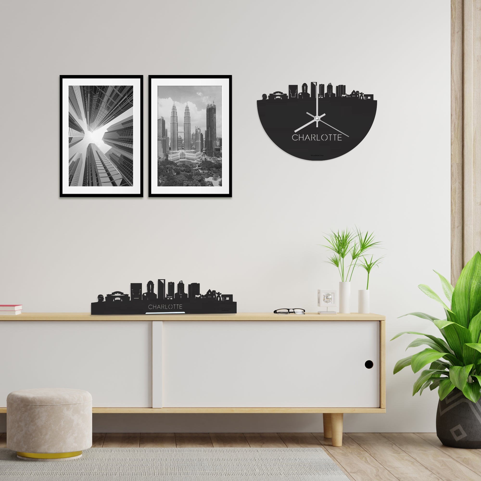 Skyline Klok Charlotte Black Zwart houten cadeau decoratie relatiegeschenk van WoodWideCities