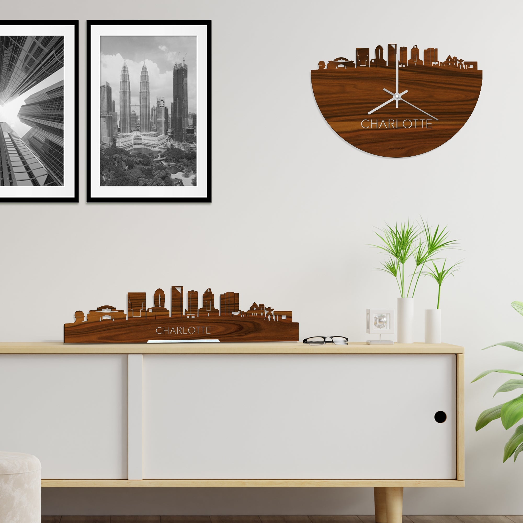 Skyline Klok Charlotte Palissander houten cadeau decoratie relatiegeschenk van WoodWideCities