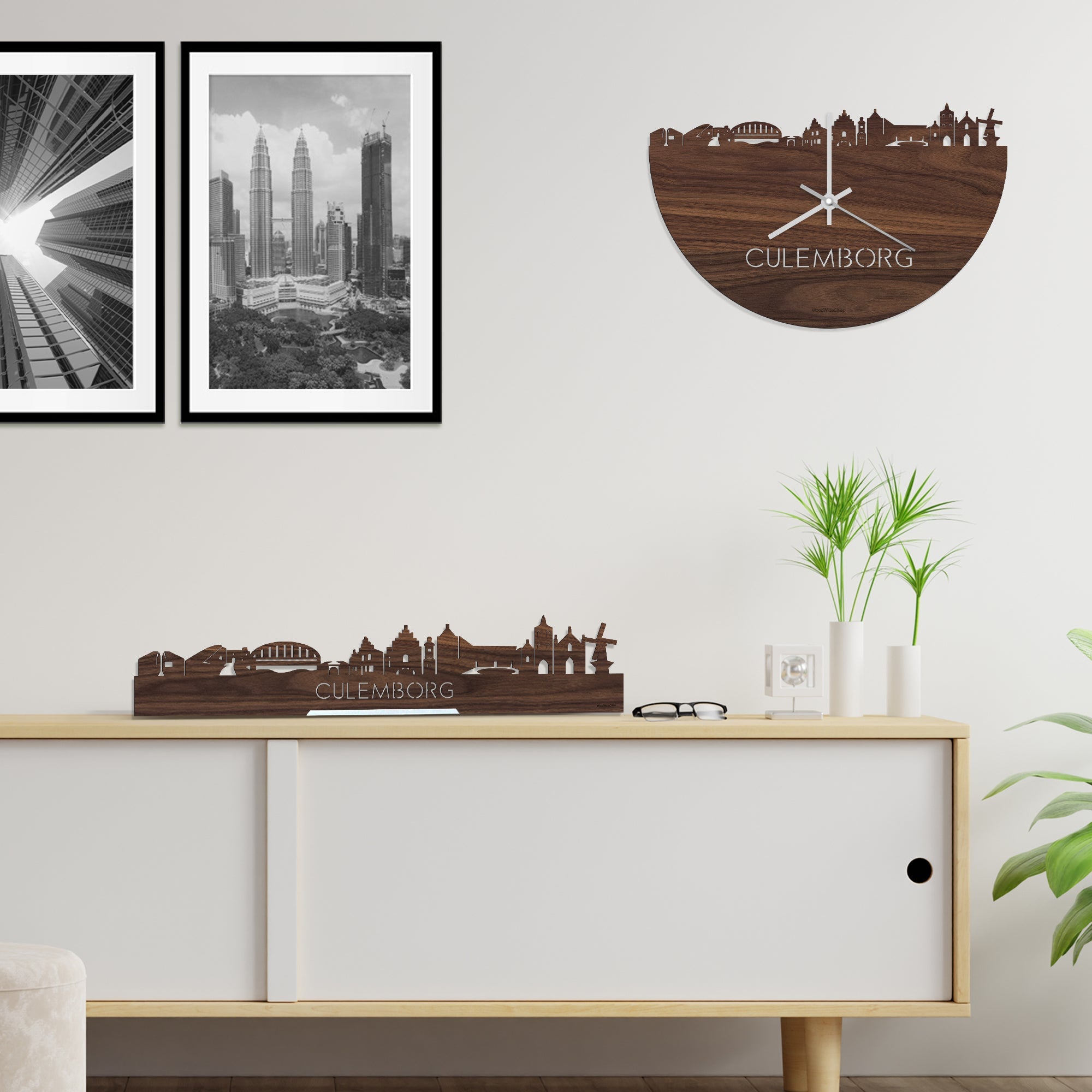 Skyline Klok Culemborg Noten houten cadeau wanddecoratie relatiegeschenk van WoodWideCities