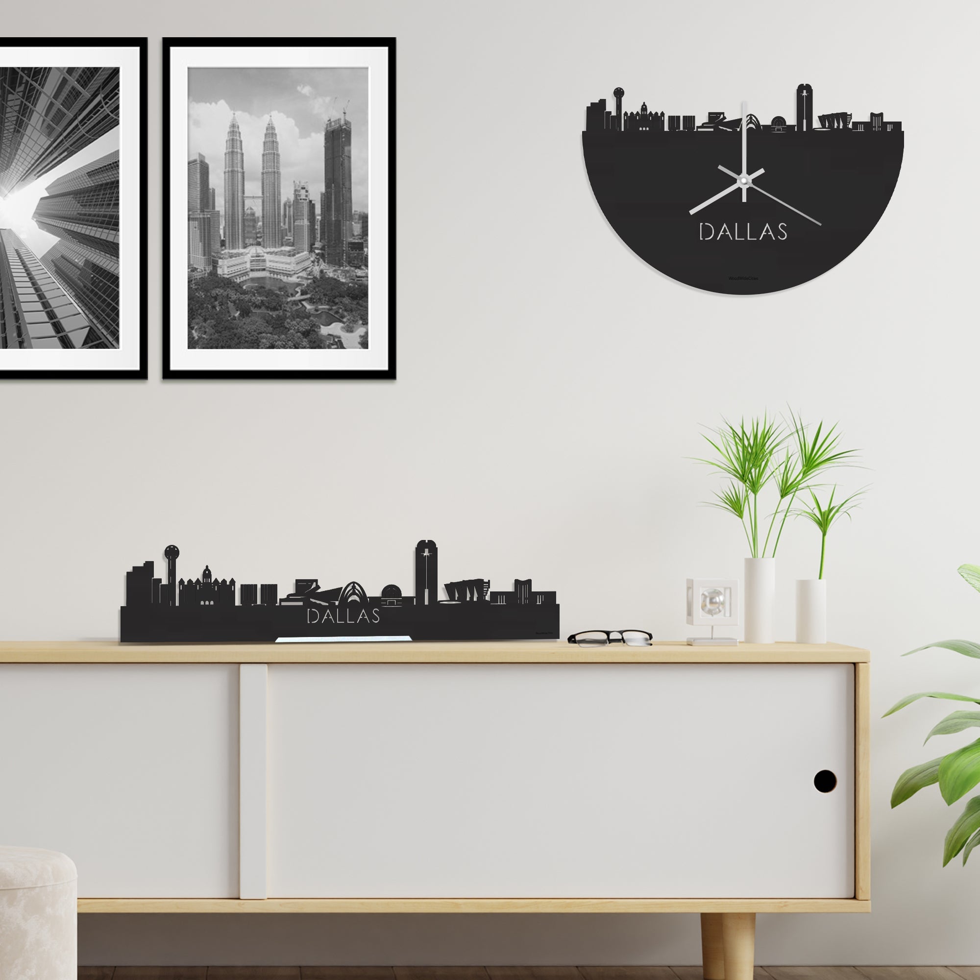 Skyline Klok Dallas Black Zwart houten cadeau decoratie relatiegeschenk van WoodWideCities