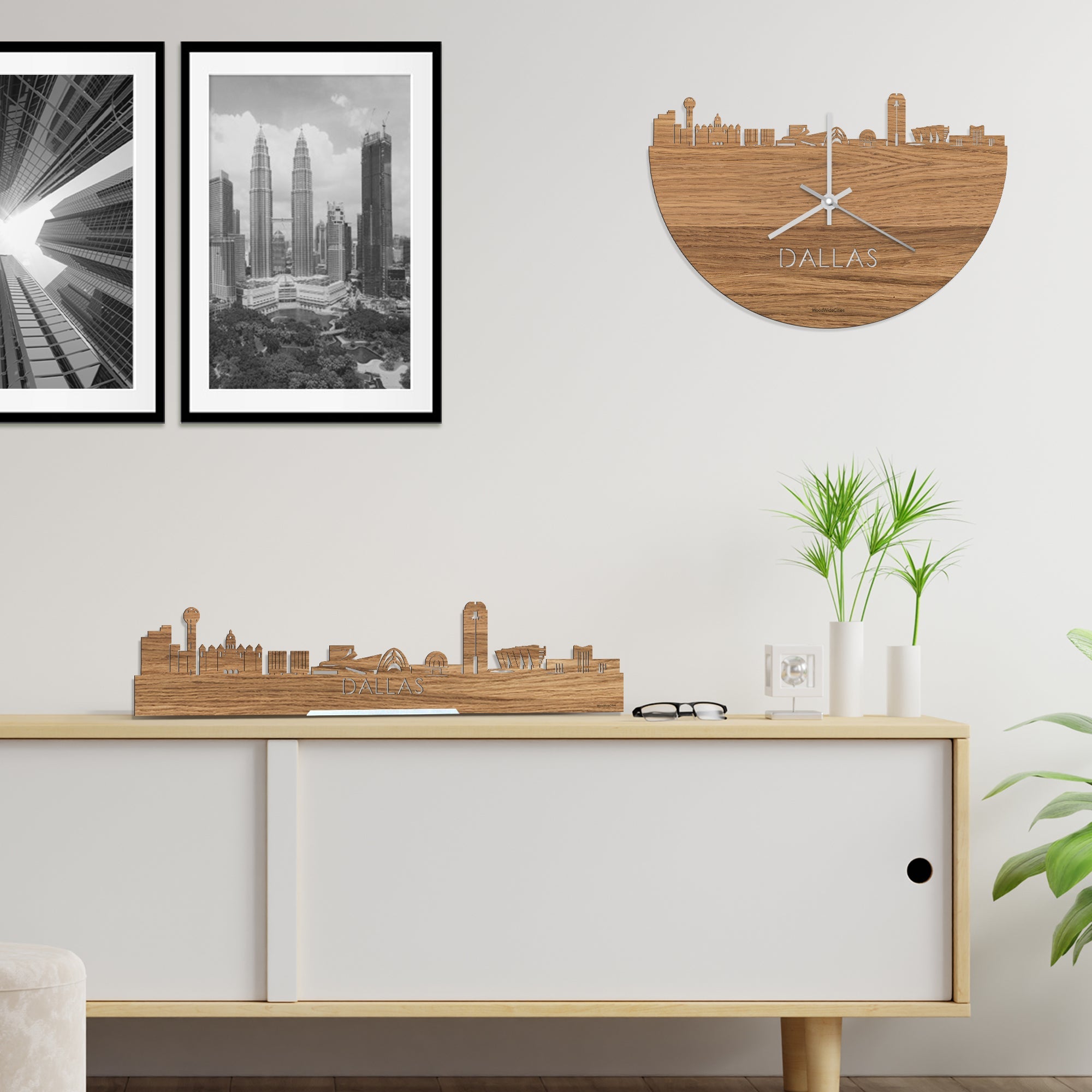 Skyline Klok Dallas Eiken houten cadeau decoratie relatiegeschenk van WoodWideCities