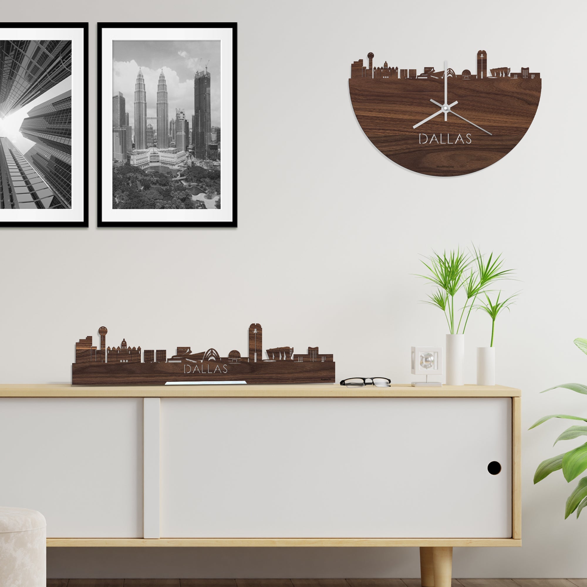 Skyline Klok Dallas Noten houten cadeau decoratie relatiegeschenk van WoodWideCities