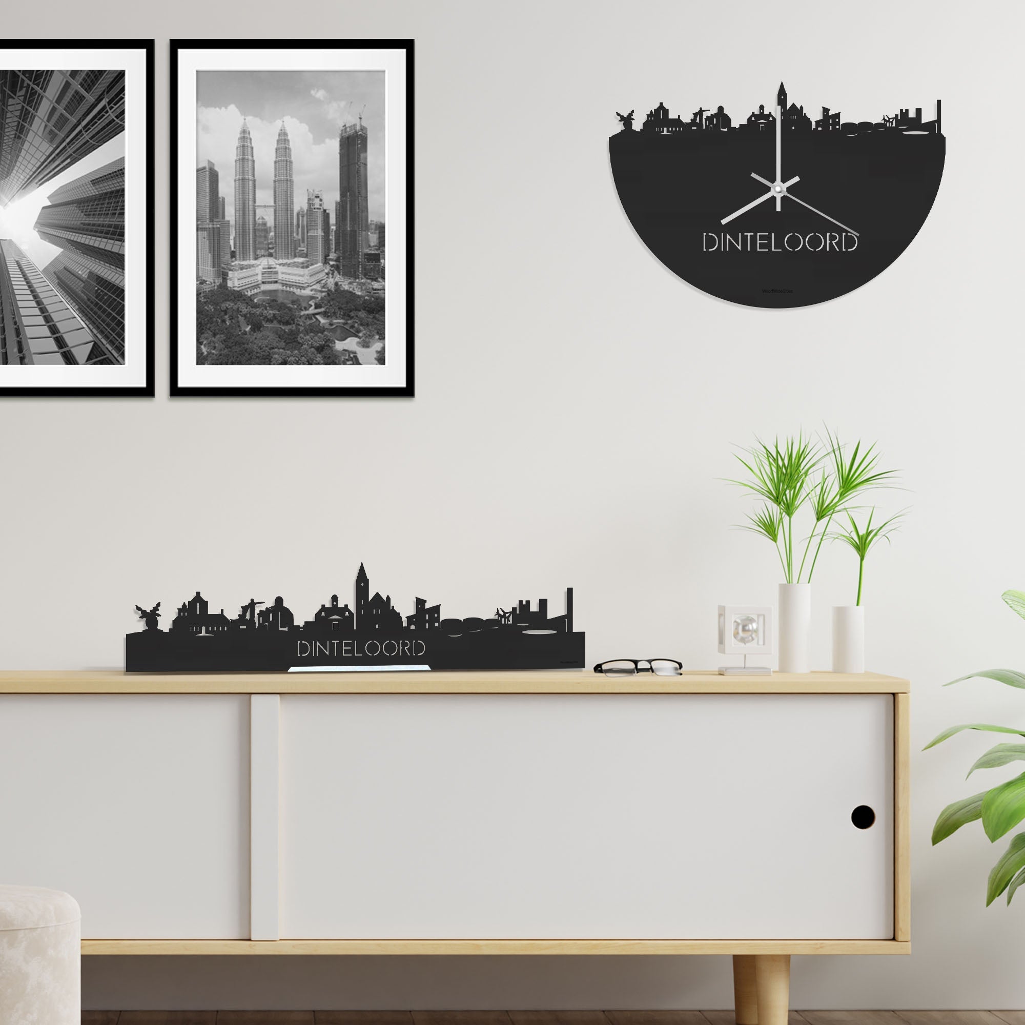 Skyline Klok Dinteloord Black Zwart houten cadeau decoratie relatiegeschenk van WoodWideCities