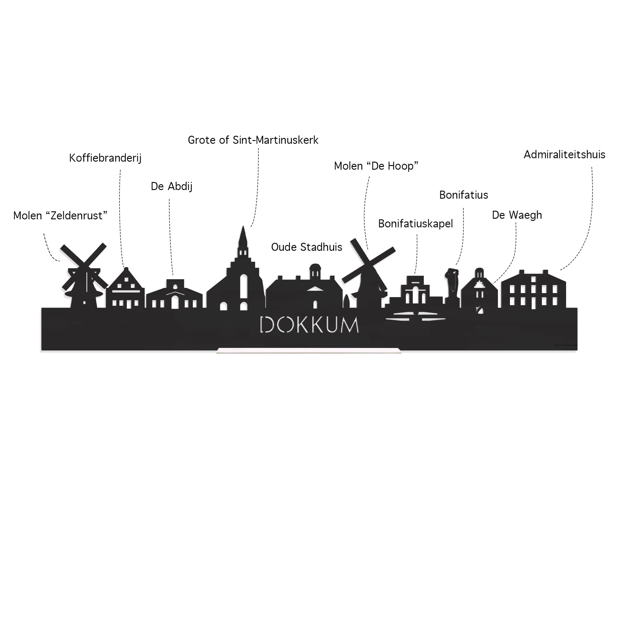 Skyline Klok Dokkum Noten houten cadeau decoratie relatiegeschenk van WoodWideCities