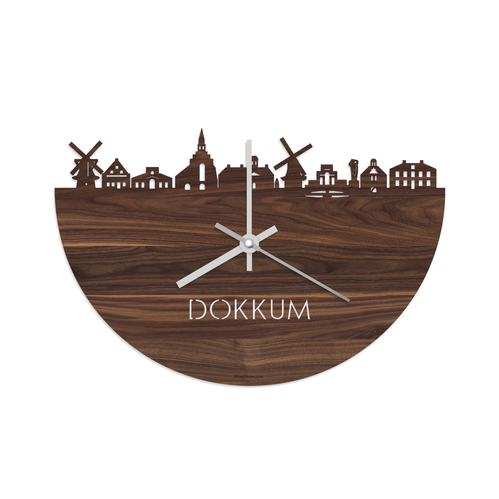 Skyline Klok Dokkum Noten houten cadeau decoratie relatiegeschenk van WoodWideCities