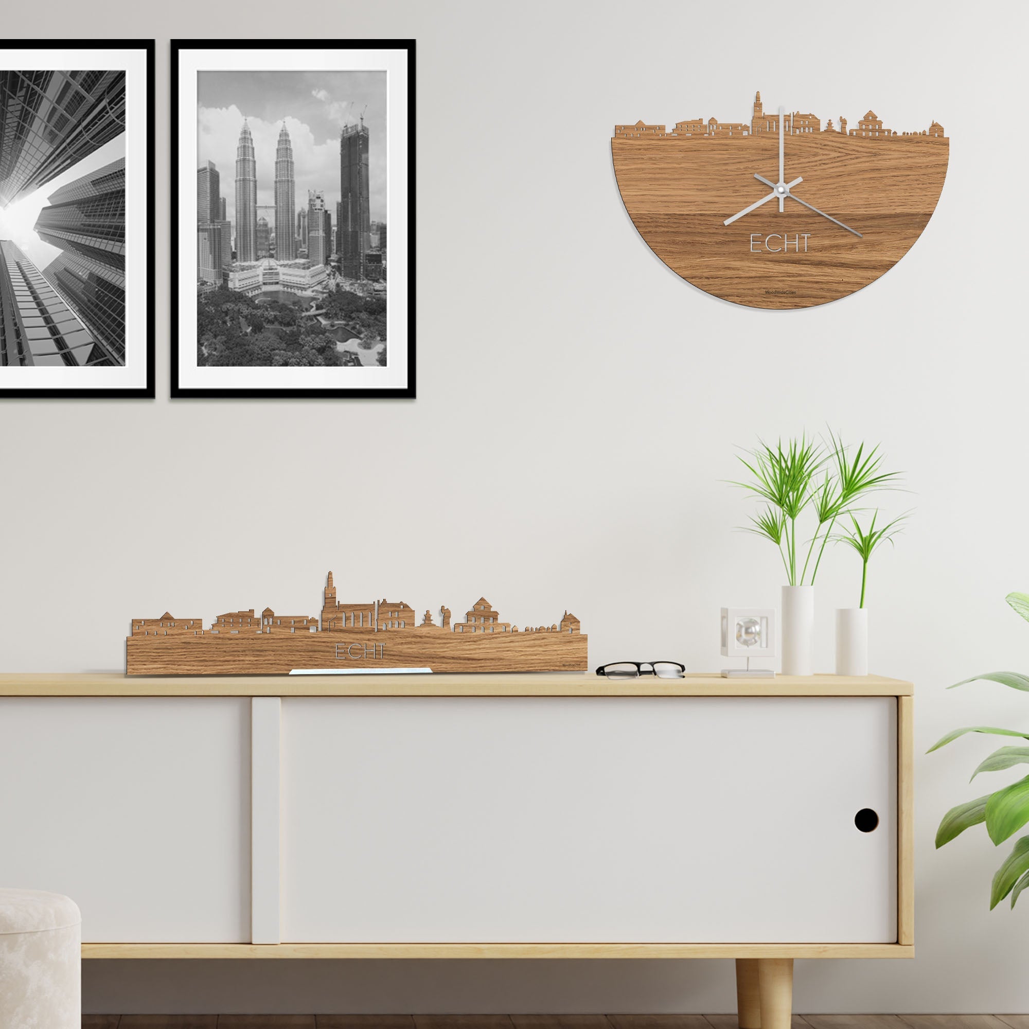 Skyline Klok Echt Eiken houten cadeau decoratie relatiegeschenk van WoodWideCities