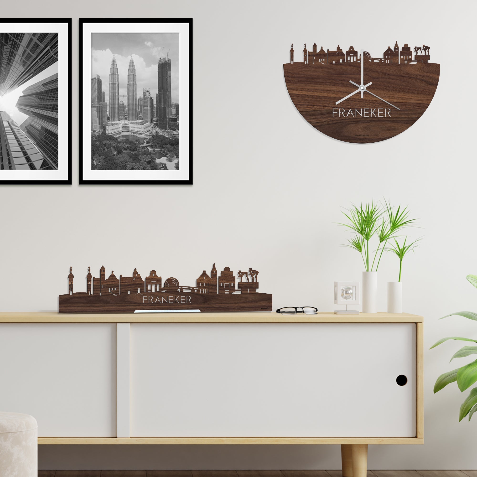 Skyline Klok Franeker Noten houten cadeau decoratie relatiegeschenk van WoodWideCities