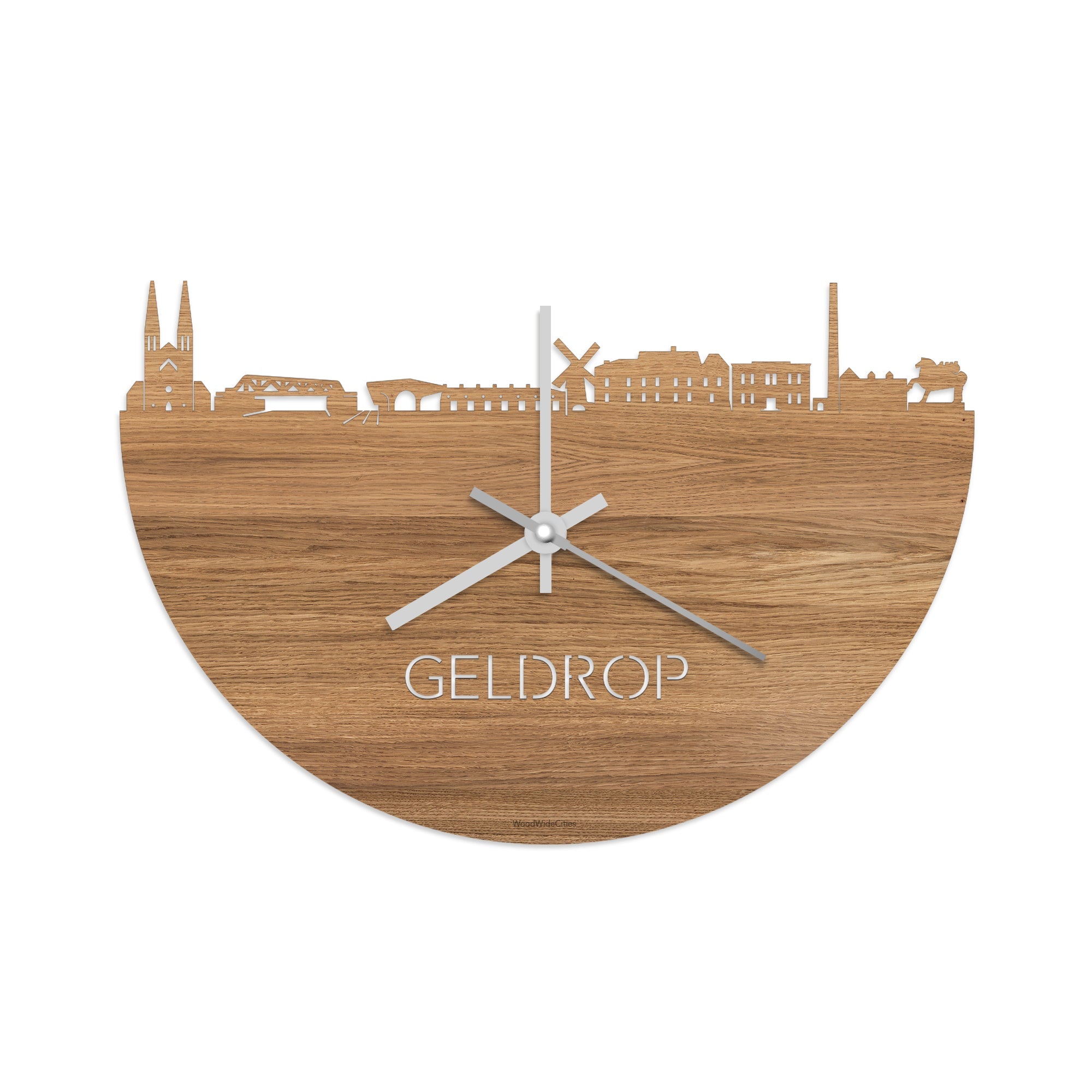 Skyline Klok Geldrop Eiken houten cadeau wanddecoratie relatiegeschenk van WoodWideCities