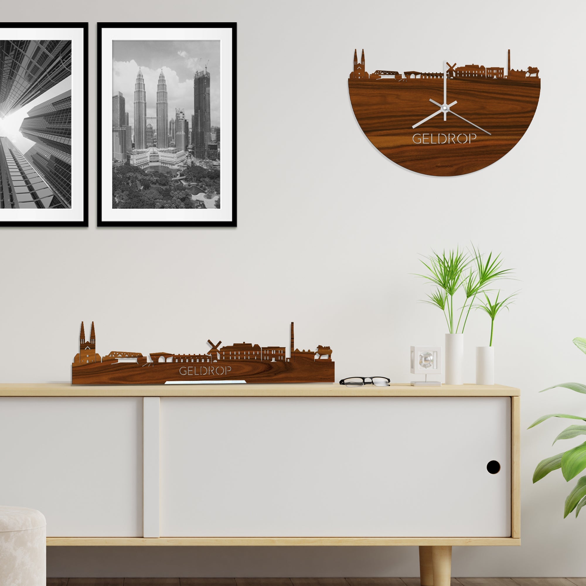 Skyline Klok Geldrop Palissander houten cadeau wanddecoratie relatiegeschenk van WoodWideCities