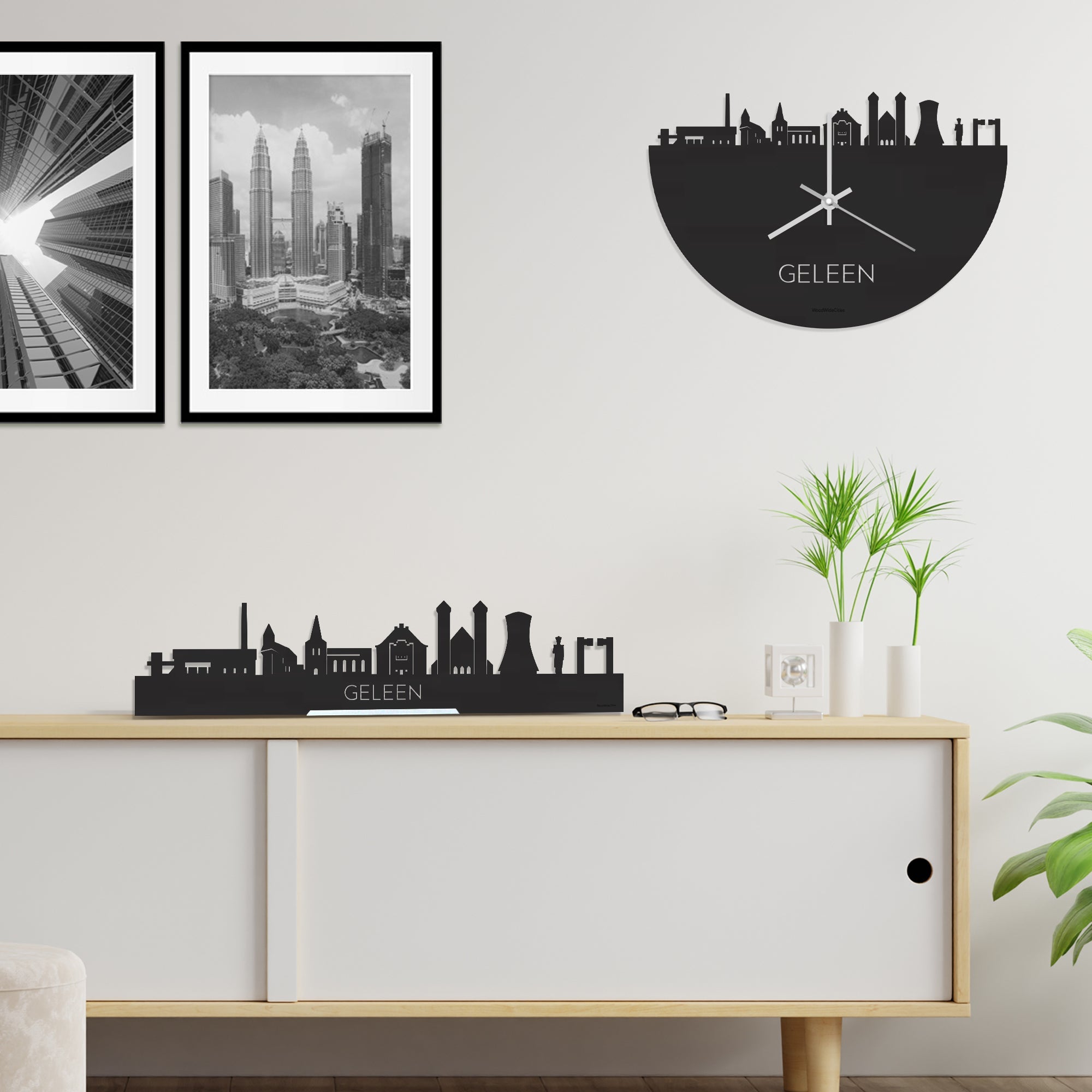 Skyline Klok Geleen Black Zwart houten cadeau decoratie relatiegeschenk van WoodWideCities