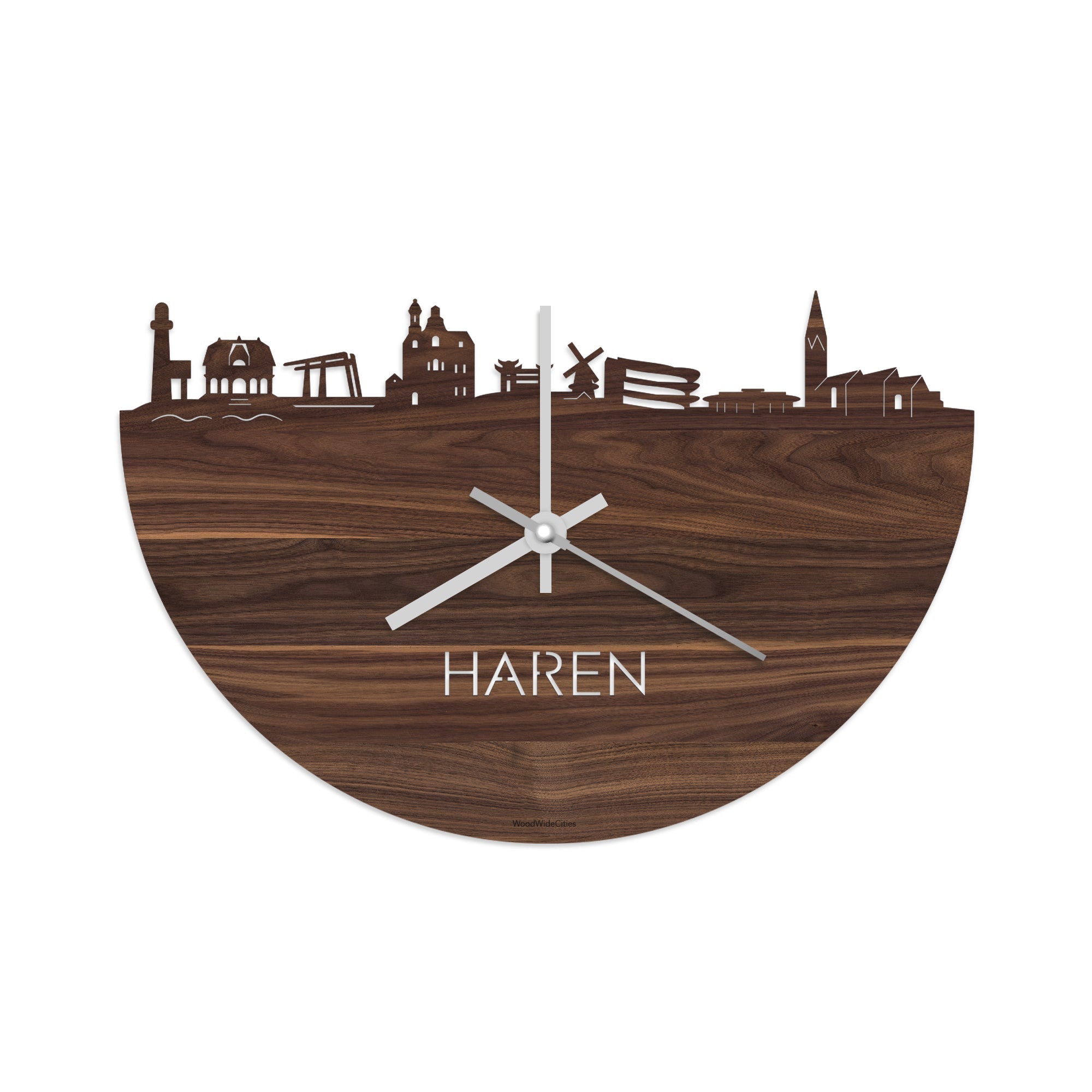 Skyline Klok Haren Noten houten cadeau decoratie relatiegeschenk van WoodWideCities